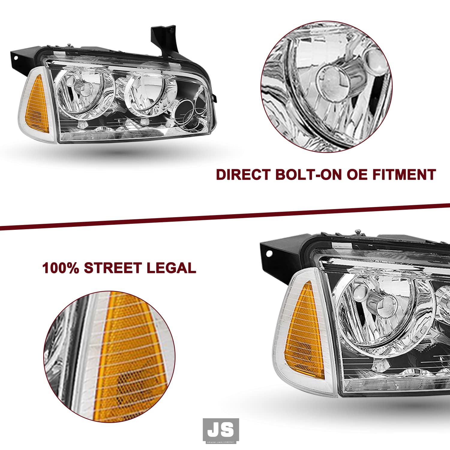 JSBOYAT 4Pcs Headlight Assembly Compatible with 2006-2010 Dodge Charger - Chrome Headlamp & Amber Corner Signal Lights (Driver & Passenger Side) - Perfect for Night Driving & Car Restoration Projects
