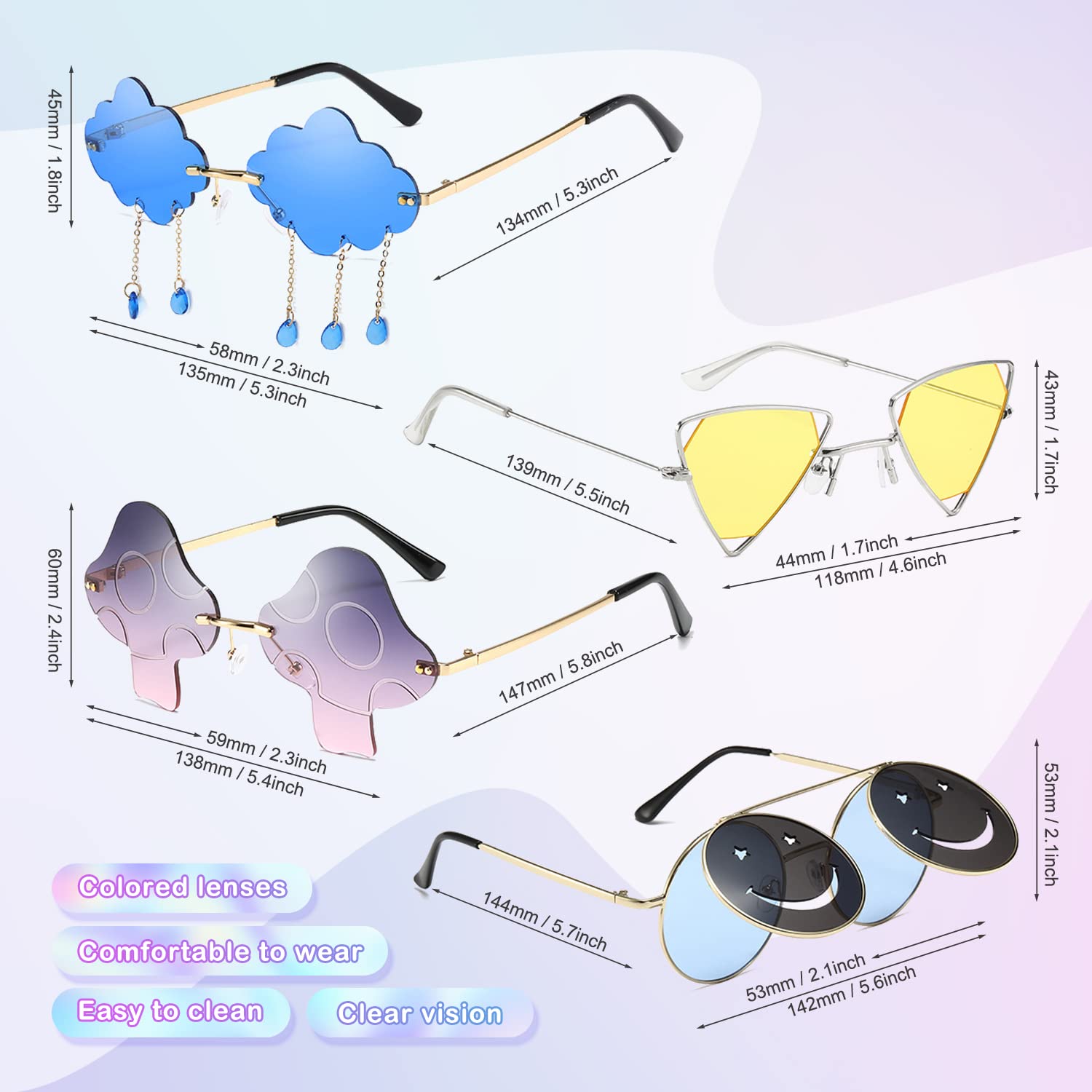 9-Piece Fun Party Sunglasses Set - Heart, Butterfly, Cloud, Rimless, Mushroom & Star Shaped Disco Glasses - Funny Photo Props for Costume Parties, Bachelorette, Halloween & Festival Favors | Perfect for Themed Events, Photo Booths & Social Media