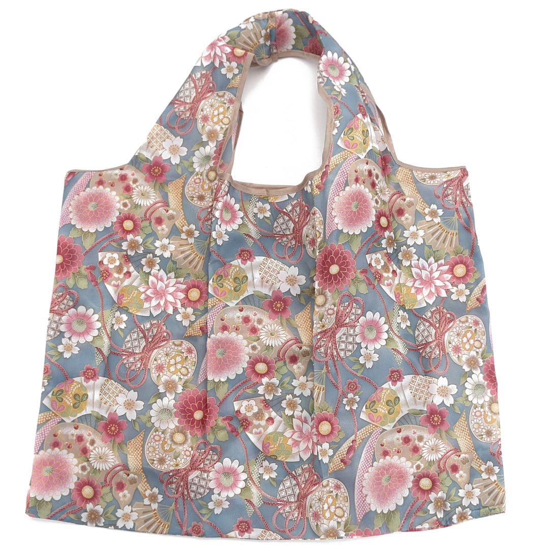Japanese Floral Blue Foldable Tote Bag - Stylish & Compact for Travel, Shopping, and Everyday Use