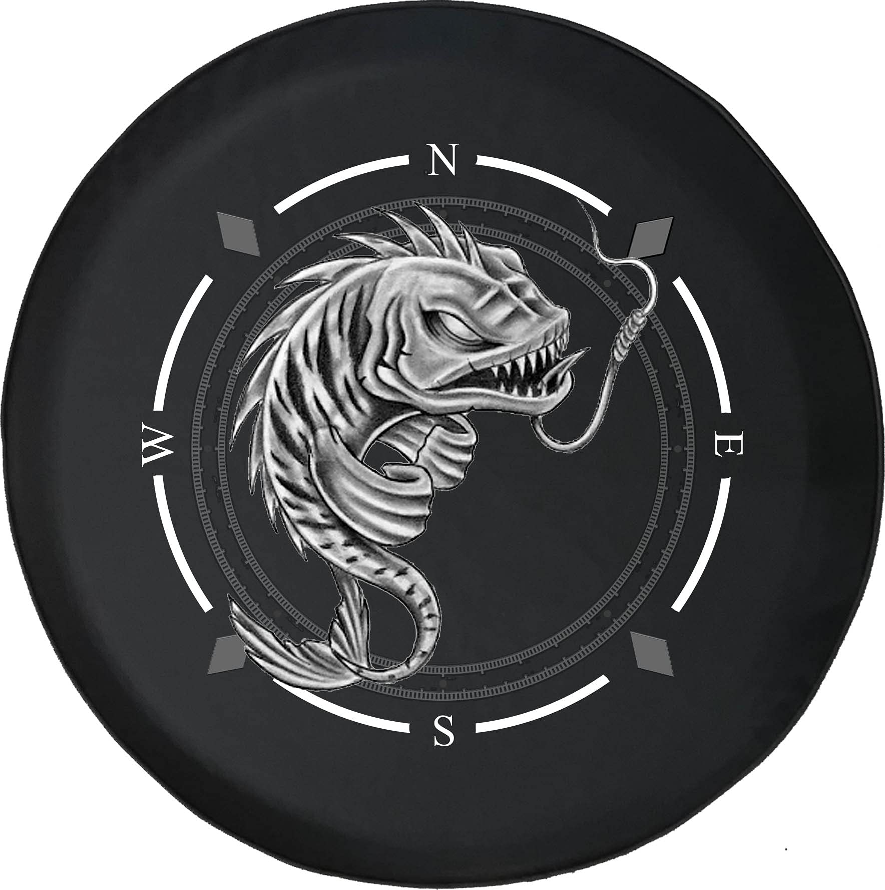 American Unlimited Spare Tire Cover with Compass & Fighter Fish Design - Durable SUV, Trailer & RV Wheel Protector for Off-Road Adventures & Fishing Trips