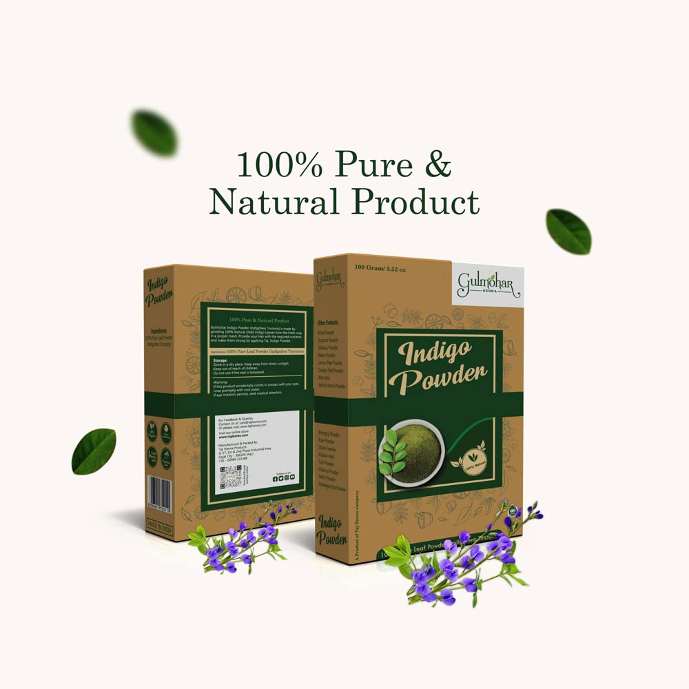 Gulmohar 100% Organic Indigo Powder for Natural Hair Color & Care | Chemical-Free Black Hair Dye | 100g | Safe for DIY Hair Coloring at Home