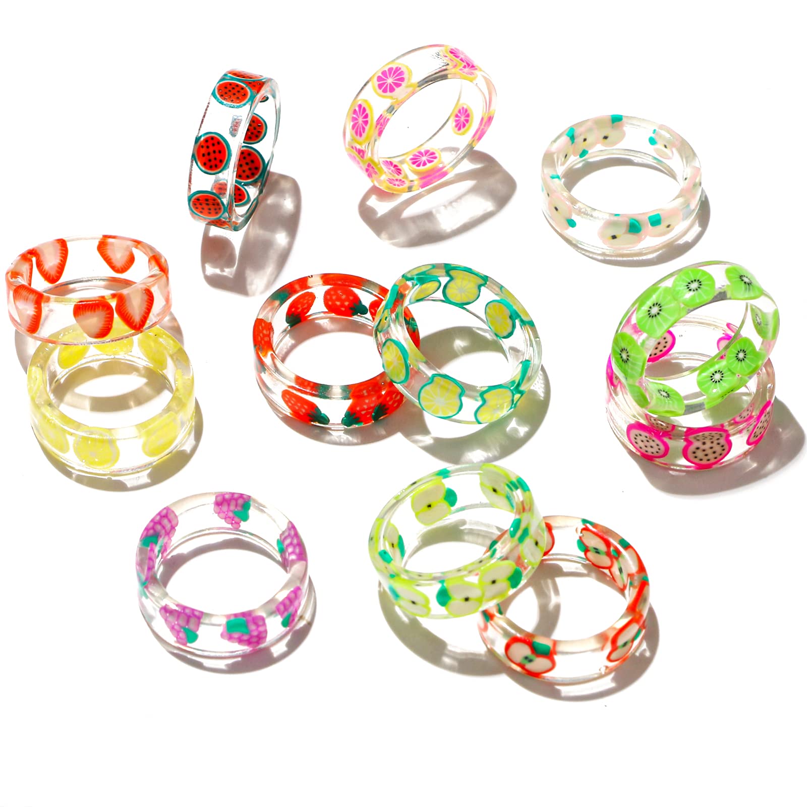 4-12 Pcs Colorful Resin Fruit Rings Set - Transparent Strawberry, Kiwi, Lemon, Apple, Grape, Dragon Fruit, Grapefruit, Orange & Watermelon Designs - Stackable Cute Knuckle Rings for Women & Teen Girls - Perfect for Parties, Gifts & Everyday Fashion Accessories