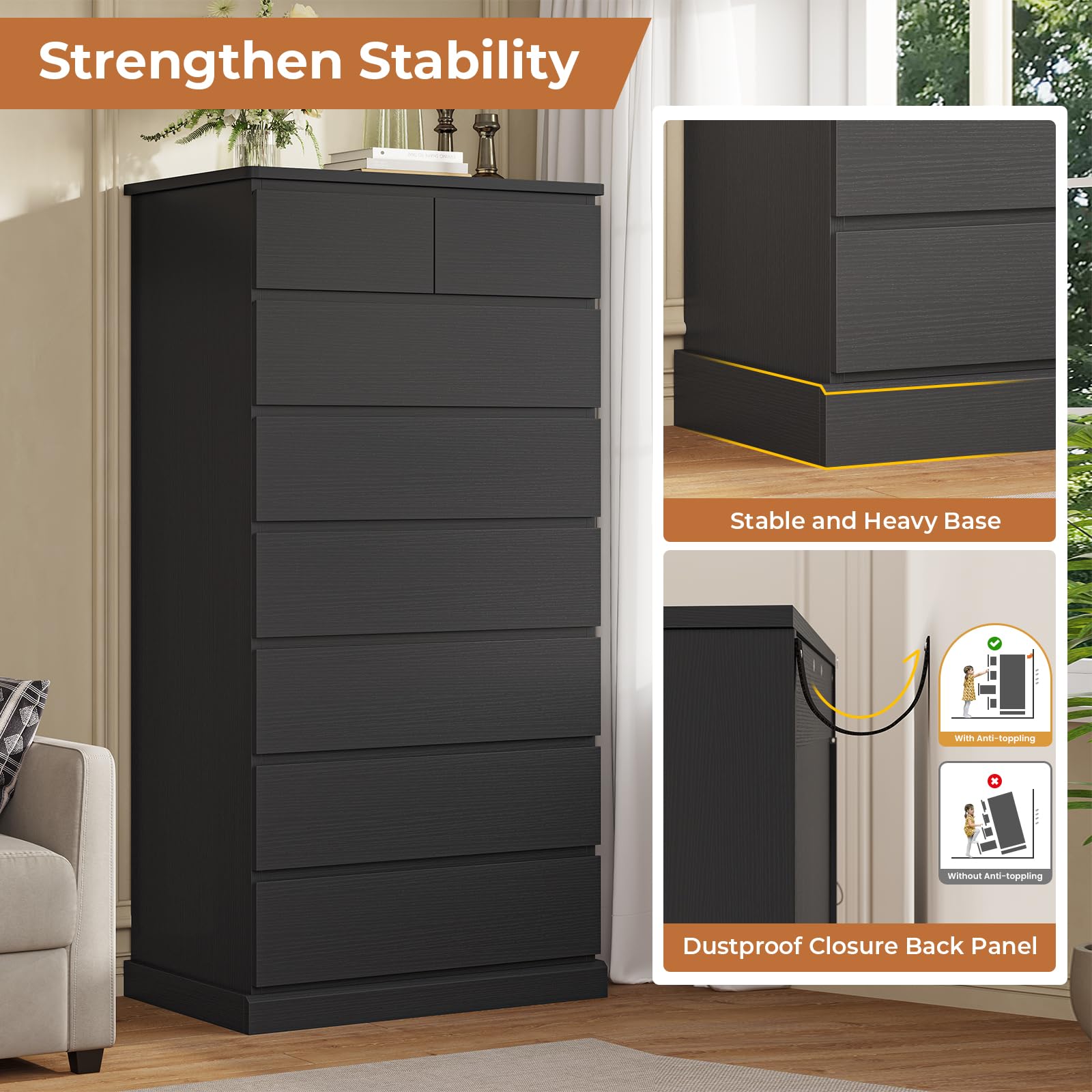 Modern Black Tall Dresser for Bedroom - 8-Drawer Wooden Storage Cabinet & Closet Organizer (59.6