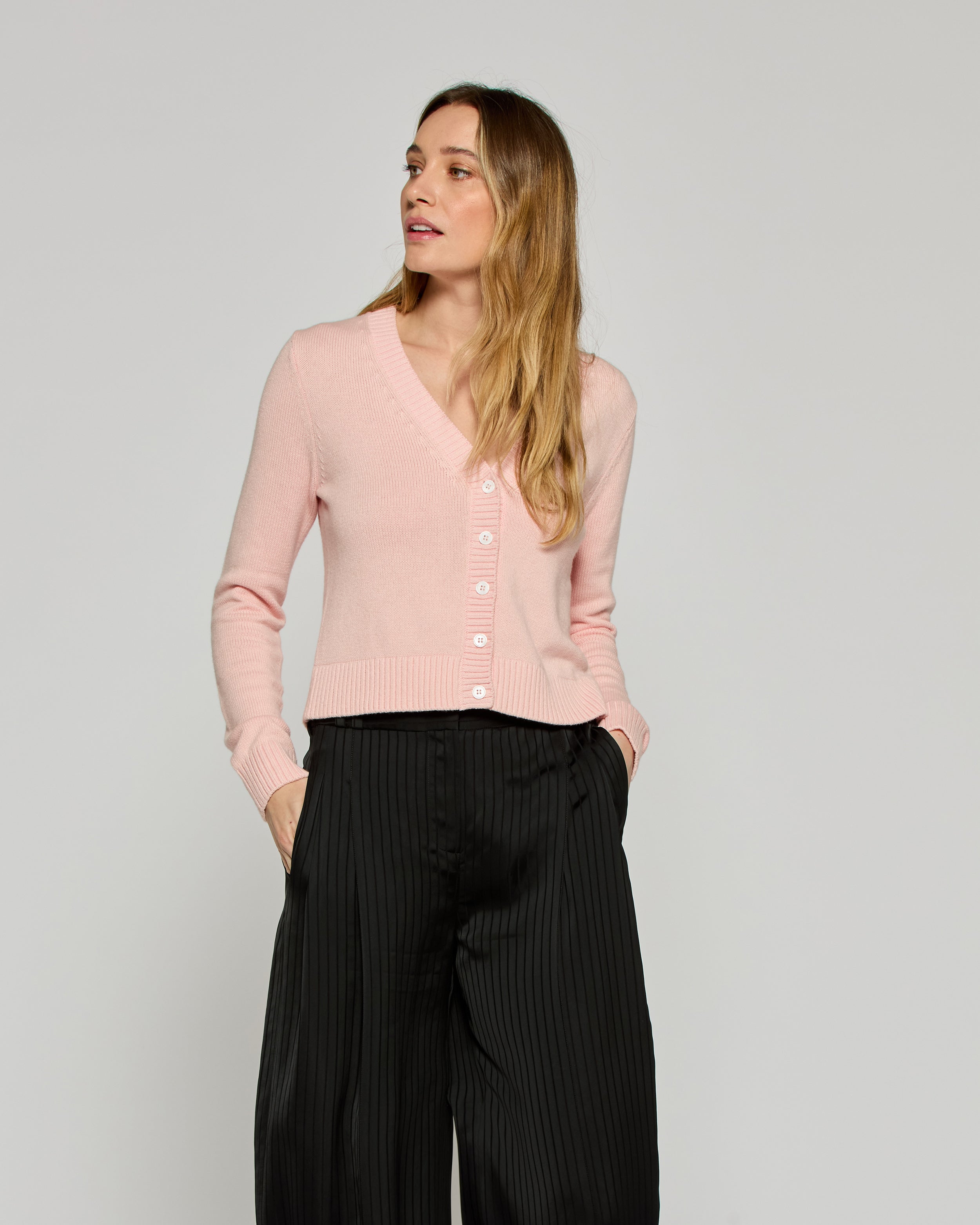 Light Pink V Neck Semi Cropped Cardigan for Women | Soft & Stylish Knit Sweater | Perfect for Spring & Fall Layering