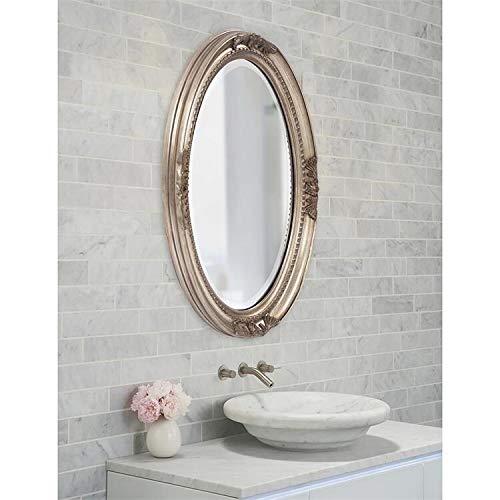 Antique French Country Silver Wood Oval Wall Mirror with Beveled Glass - Rustic Farmhouse Decor for Living Room, Bedroom & Entryway - Includes Hanging Hardware