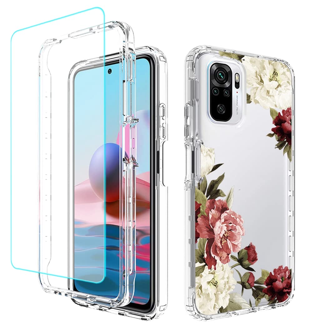 Premium Clear Floral Phone Case for Redmi Note 10/10S (4G) - Shockproof Protective Cover with Tempered Glass Screen Protector | Stylish Full Body Protection for Xiaomi Redmi Note 10S (M2101K7BG) | Perfect for Everyday Use, Travel & Outdoor Activities