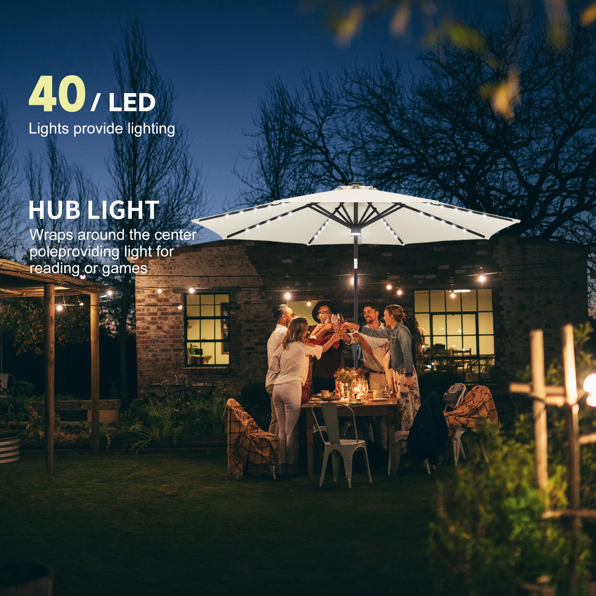 9 ft Solar Powered LED Patio Umbrella with 40 Energy-Saving Lights - Waterproof Outdoor Market Umbrella for Garden, Poolside, Backyard & Beach - Ivory