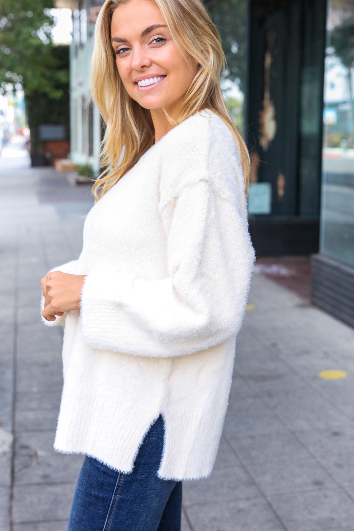 Classic Elegance Ivory Fuzzy Soft Knit Sweater for Women - Cozy Winter Pullover with Long Sleeves - Perfect for Casual Outfits, Office Wear & Holiday Gatherings