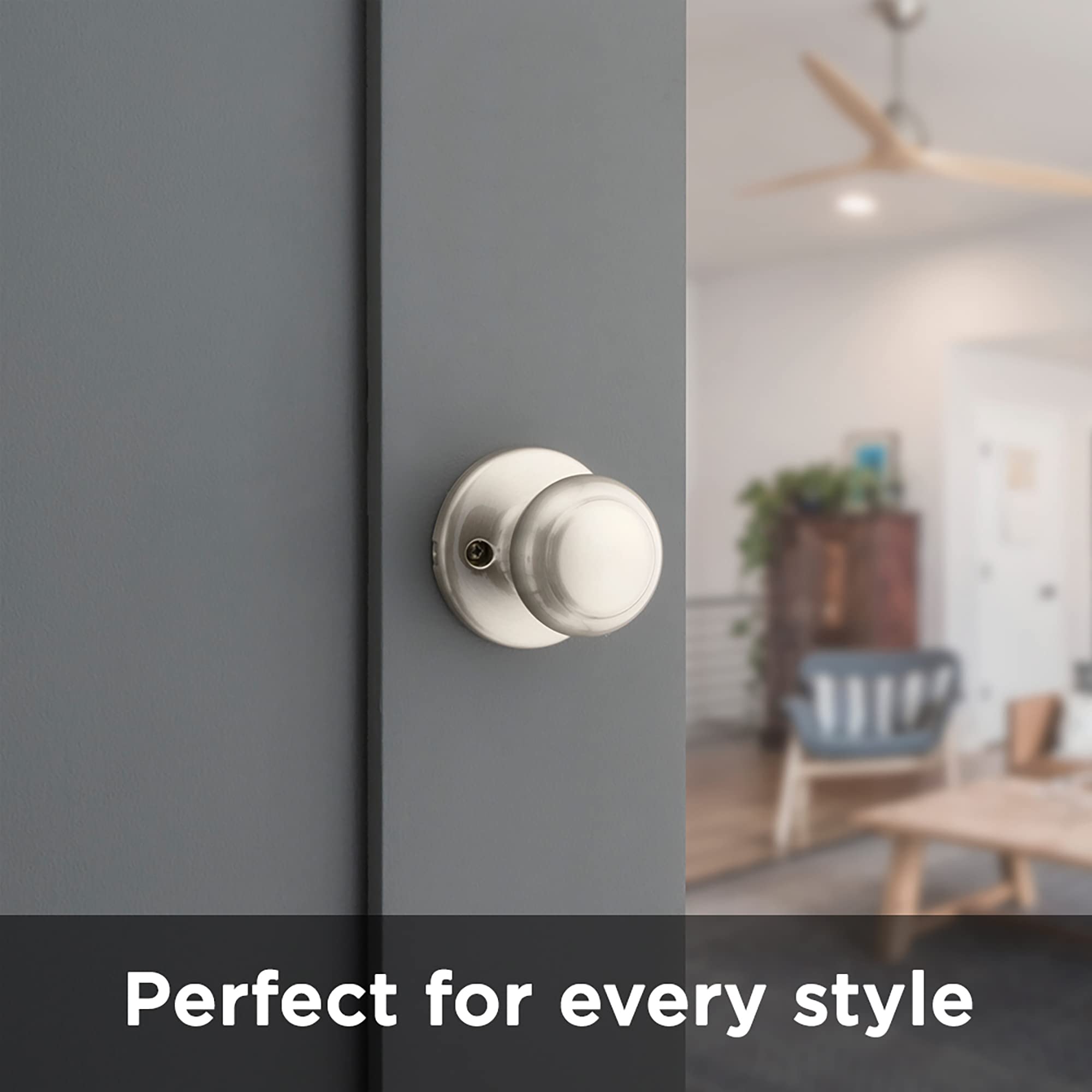 Kwikset Cove Satin Nickel Interior Door Knob - Non-Locking Passage Door Handle for Closet, Hallway & Bedroom - Microban Antimicrobial Protection - Ideal for Homes, Offices & Apartments