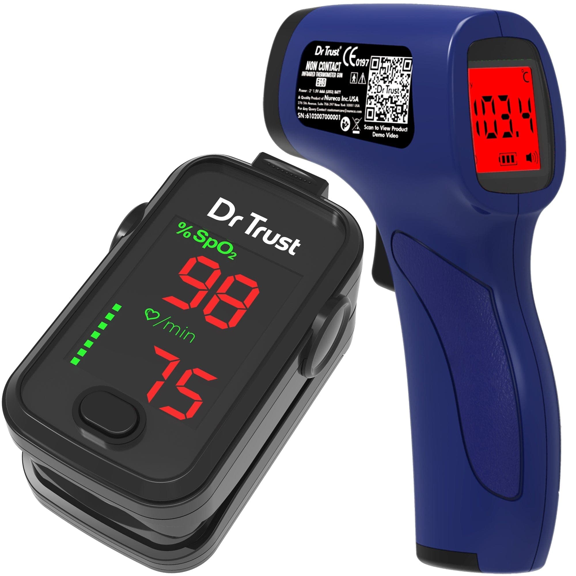 Dr Trust USA Covid Essential Basic Combo Pack - Pulse Oximeter 215 & Non-Contact IR Thermometer | Accurate Oxygen Monitor & Fever Detection for Home, Travel & Healthcare Use