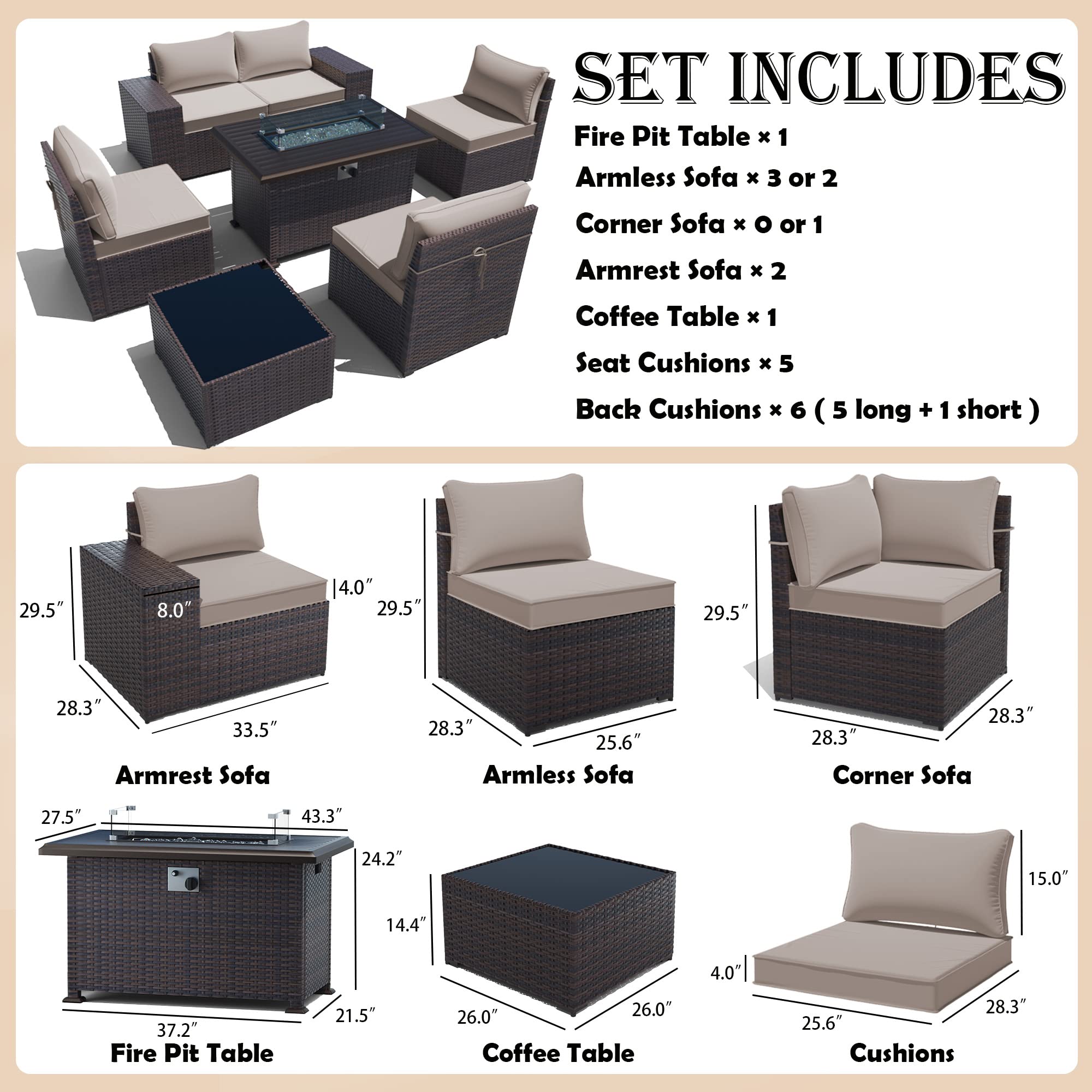 Gotland 7-Piece Outdoor Patio Furniture Set with 43-inch Gas Fire Pit Table - 55,000 BTU Propane Sectional Sofa Set with Auto-Ignition & Glass Wind Guard - Perfect for Backyard, Garden, Poolside & Outdoor Entertaining