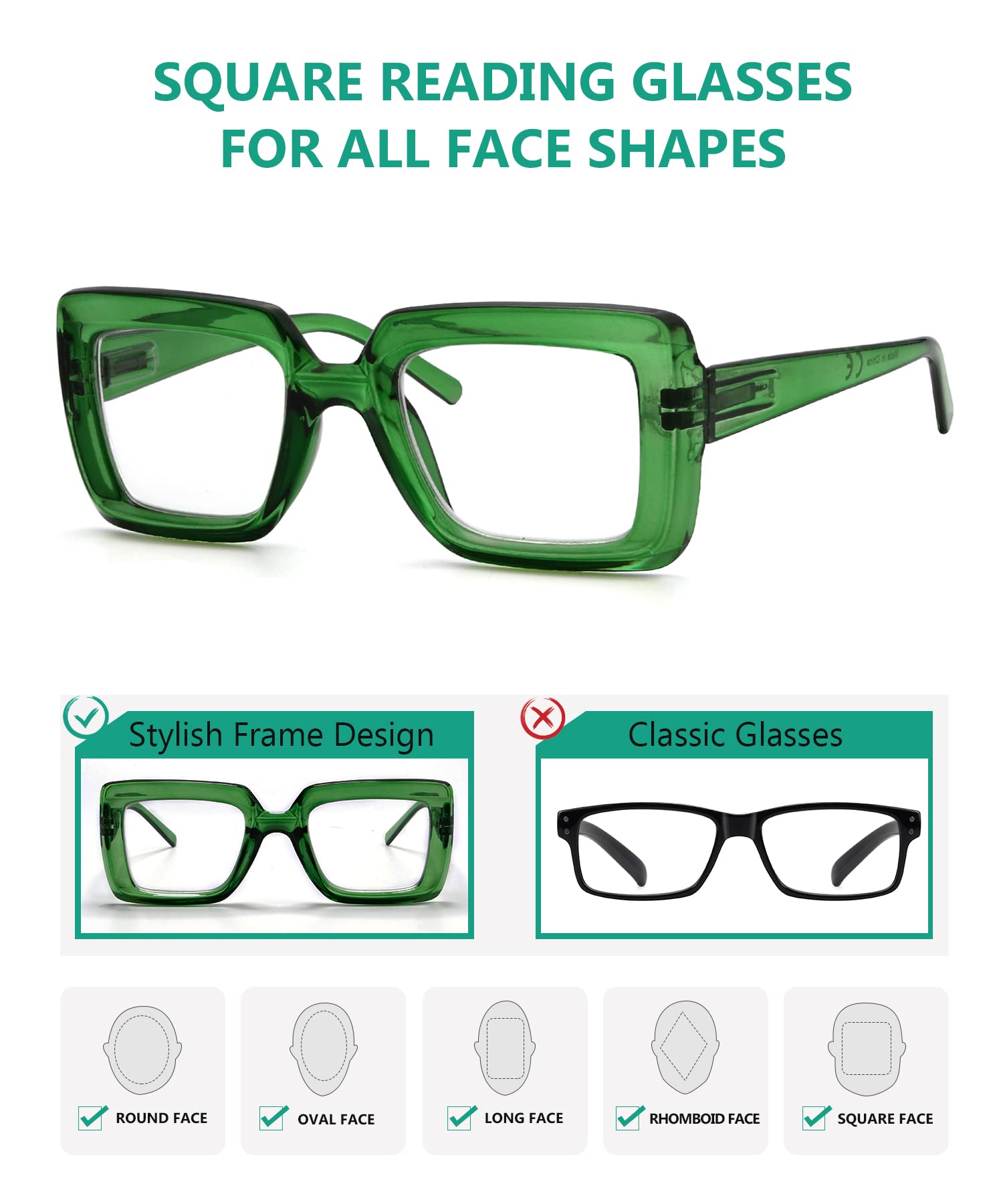 Eyekepper 5-Pack Stylish Square Reading Glasses for Women +1.75 Magnification - Perfect for Reading, Computer Use, and Close Work