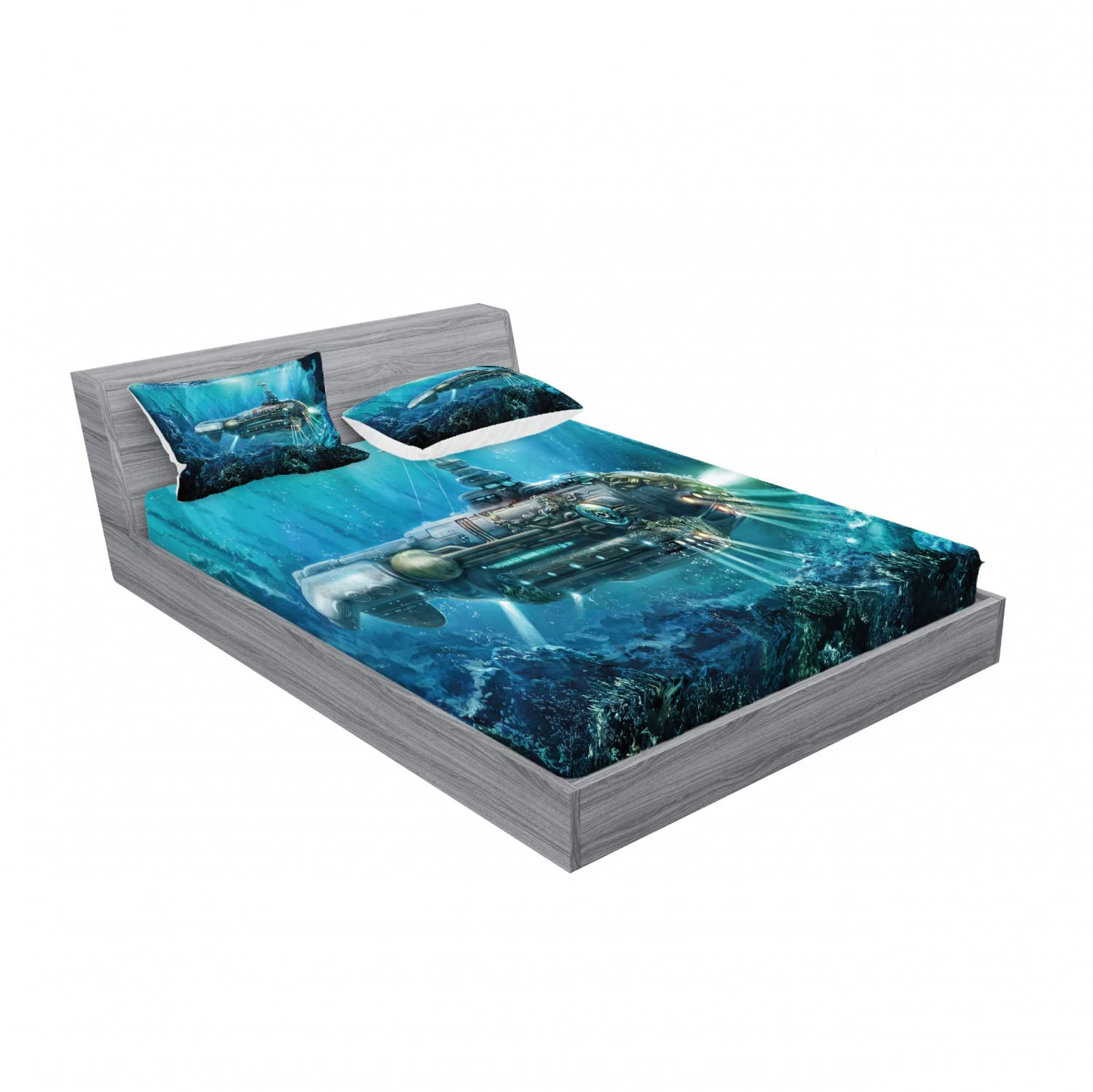 Ambesonne 2-Piece Queen Size Fitted Sheet Set with 4 Pillowcases - Sci-Fi Submarine Themed Bedding in Grey & Aqua - Soft Microfiber for Kids Room, Guest Bedroom or Dorm Decor