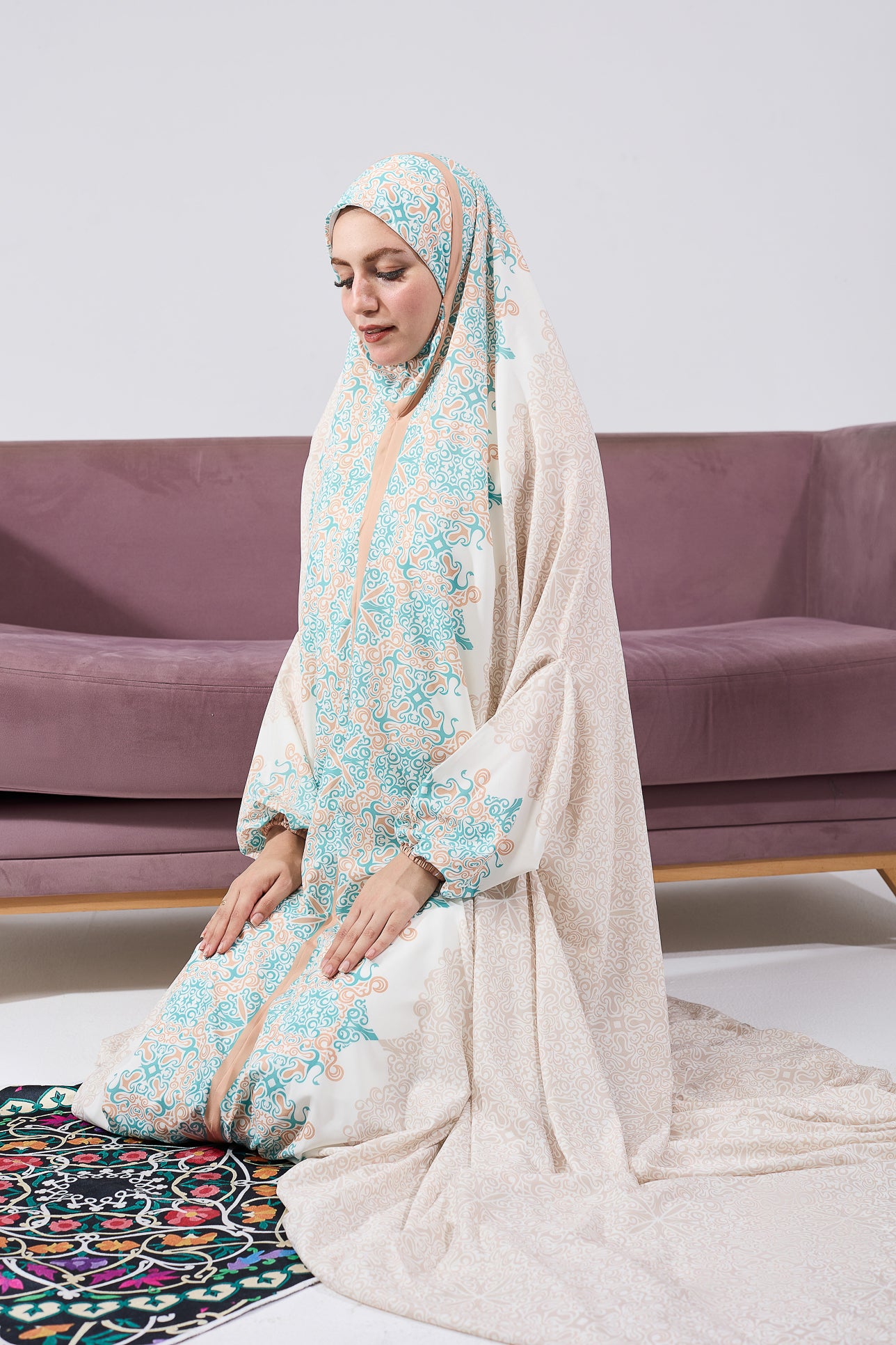 Luxurious Satin Prayer Gown for Women - Elegant Floral Print Islamic Home Dress - Perfect for Salah, Ramadan, Eid & Modest Loungewear