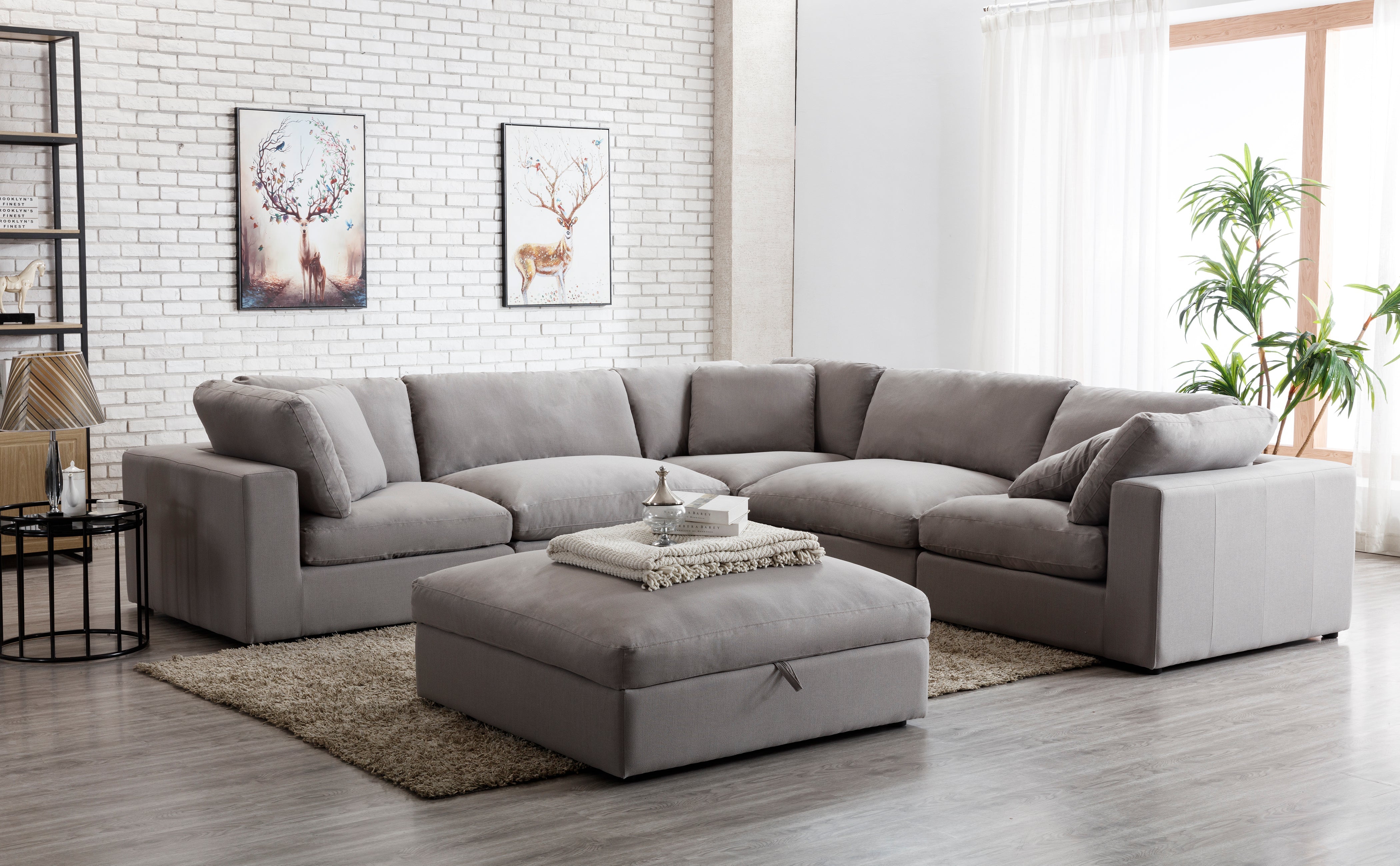 Rivas Modern 6-Piece Modular L-Shaped Sectional Sofa with Ottoman - Feather Filled Cushions, Graphite Color - Perfect for Living Room, Lounge, and Family Gatherings