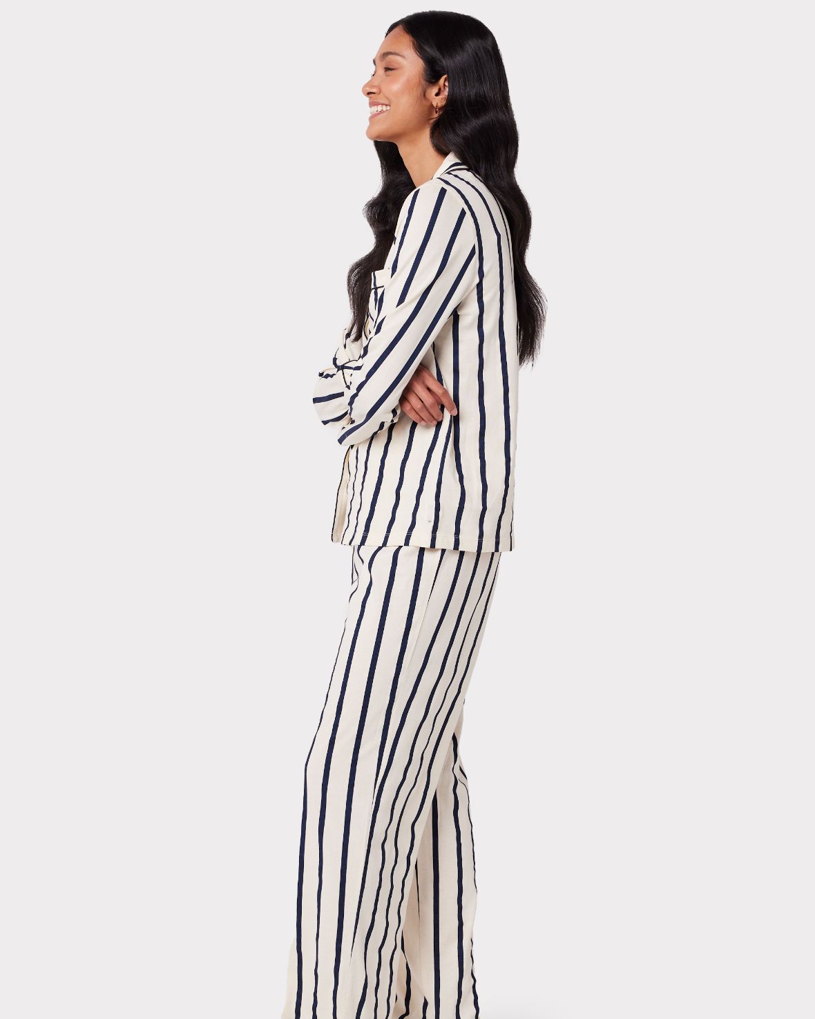 Organic Cotton Striped Long Sleeve Pajama Set for Women - Navy Blue - Soft & Comfortable Sleepwear for Nighttime Relaxation & Lounging