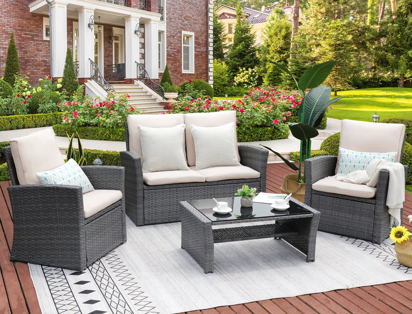 Premium 4-Piece Patio Furniture Set - Gray Wicker Outdoor Sectional Sofa with Rattan Loveseat, Cushions & Coffee Table - Perfect for Balcony, Backyard, Porch, Deck & Garden Relaxation