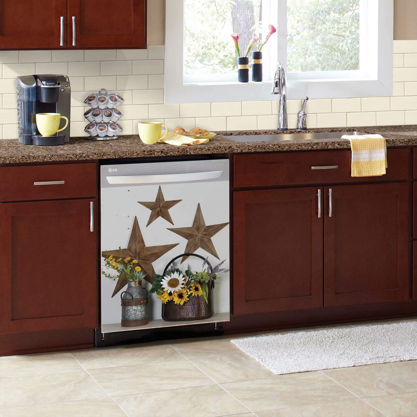 Stars with Bouquet Magnetic Dishwasher Cover - 23x26 Inch Vinyl Decorative Panel Decal for Kitchen - Easy to Install & Trim - Perfect for Home Renovation & Apartment Upgrades