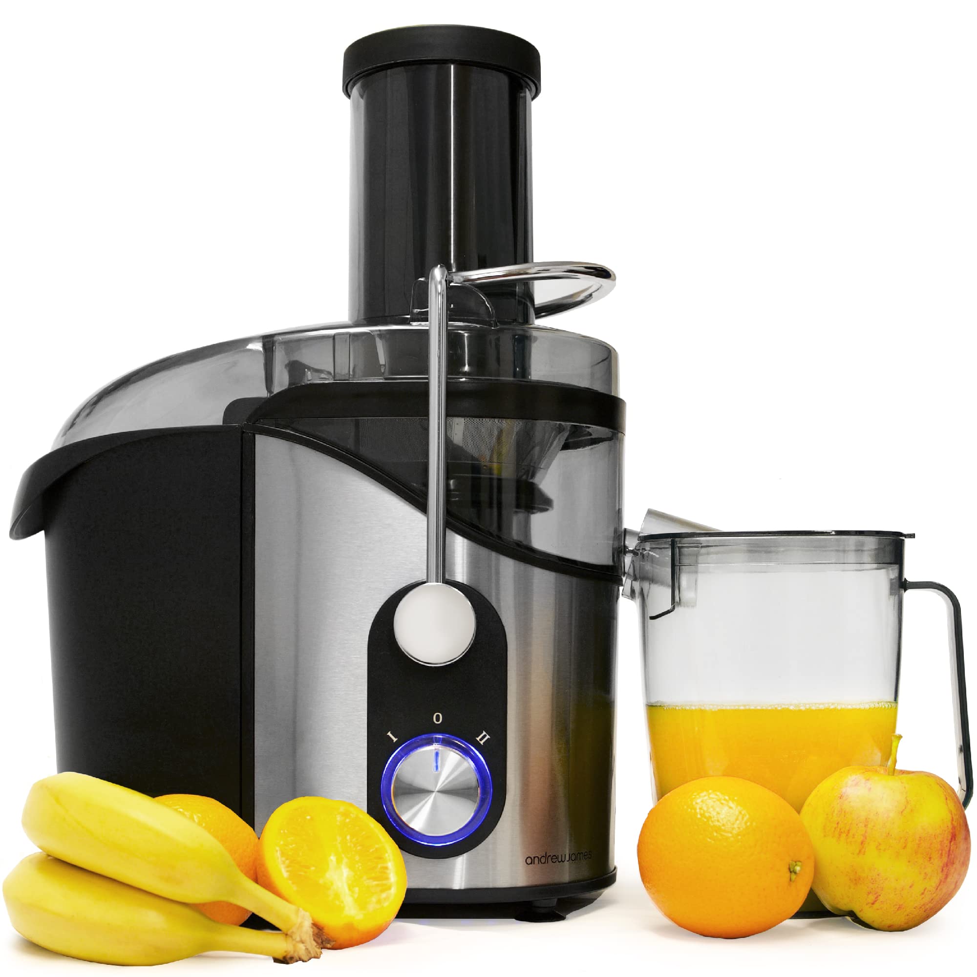 Andrew James 800W High-Speed Centrifugal Juicer - 2-Speed Electric Whole Fruit Juicer with Large Feed Chute - Easy Clean Juice & Pulp Collectors - Safety Lock for Healthy Homemade Juices - Perfect for Breakfast, Detox & Family Nutrition