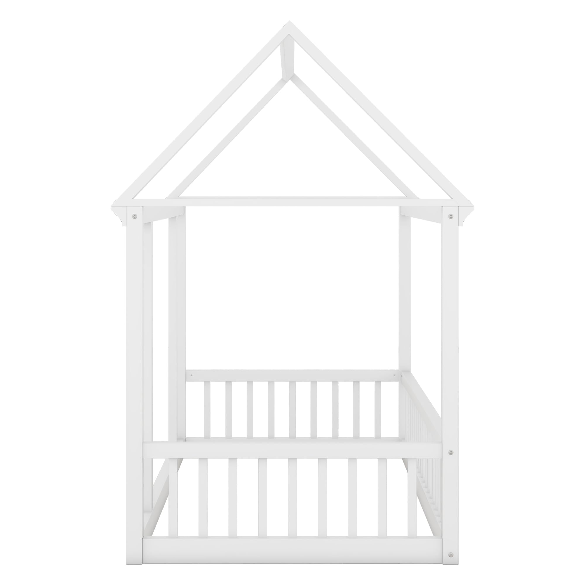 Bellemave Twin Size Wooden House Floor Bed for Kids - Montessori Bed Frame with Safety Fence, Playhouse Design for Boys & Girls - Perfect for Bedrooms, Playrooms & Montessori Learning Spaces (White)