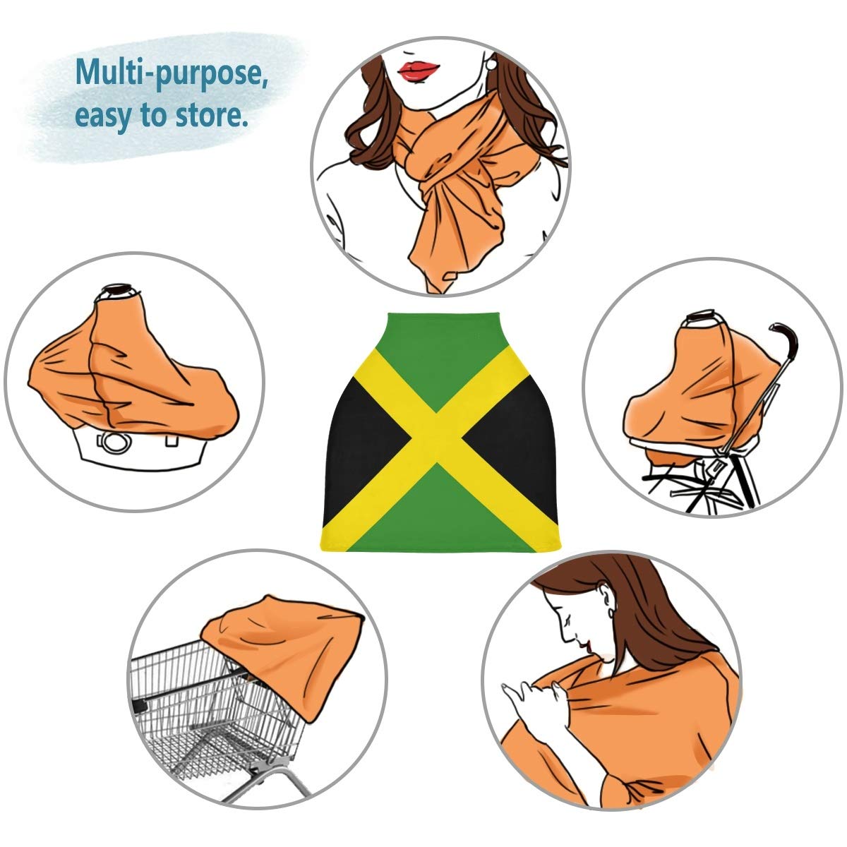 Jamaica Flag Nursing Cover - Breastfeeding Scarf & Baby Car Seat Canopy - Universal Infant Stroller Cover for Girls and Boys - Perfect for Travel, Shopping, and Outdoor Nursing