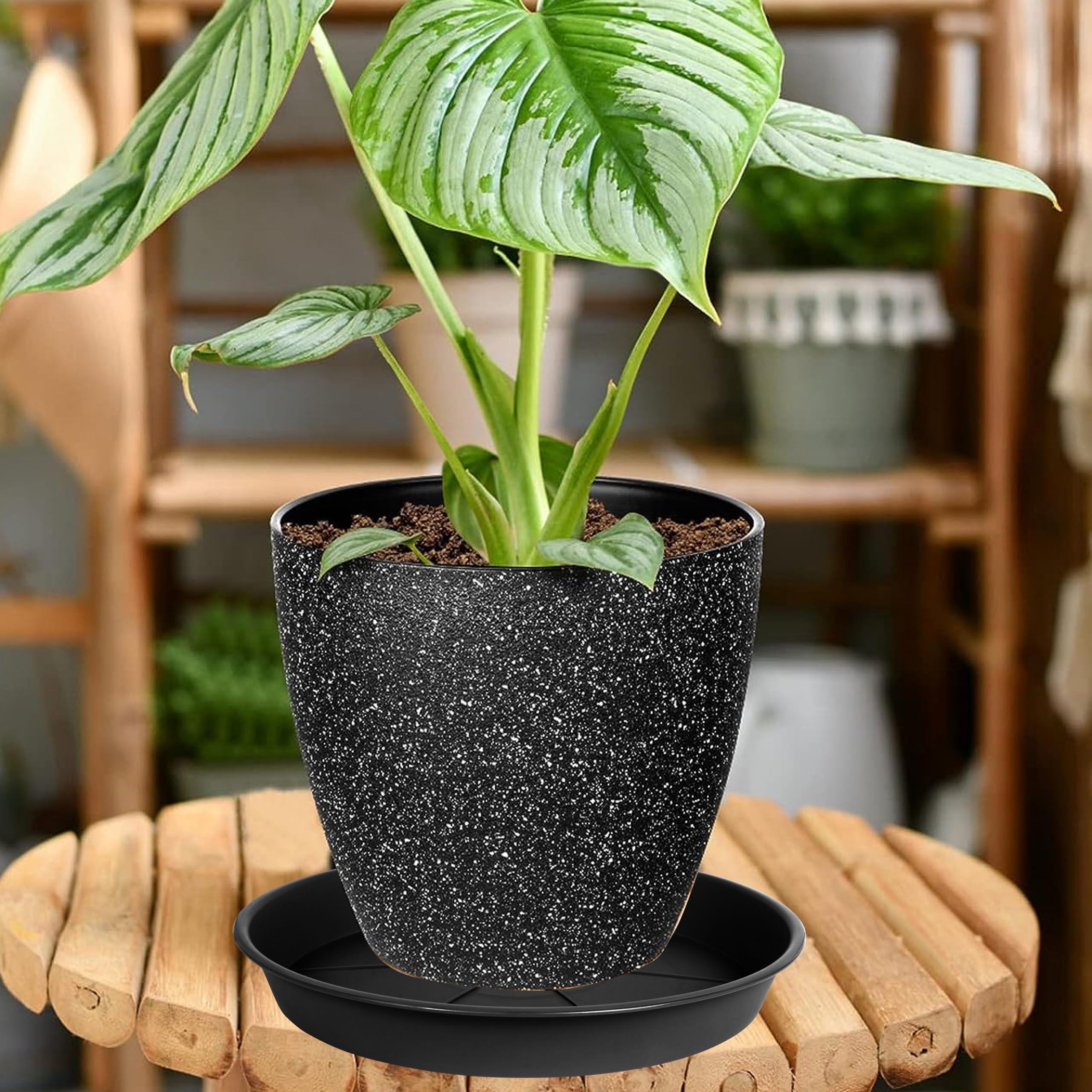 6 Pack Heavy Duty Plastic Plant Saucer Tray 7-8 Inch - Drip Trays for Indoor Outdoor Potted Plants - Black Water Catcher for 7-9