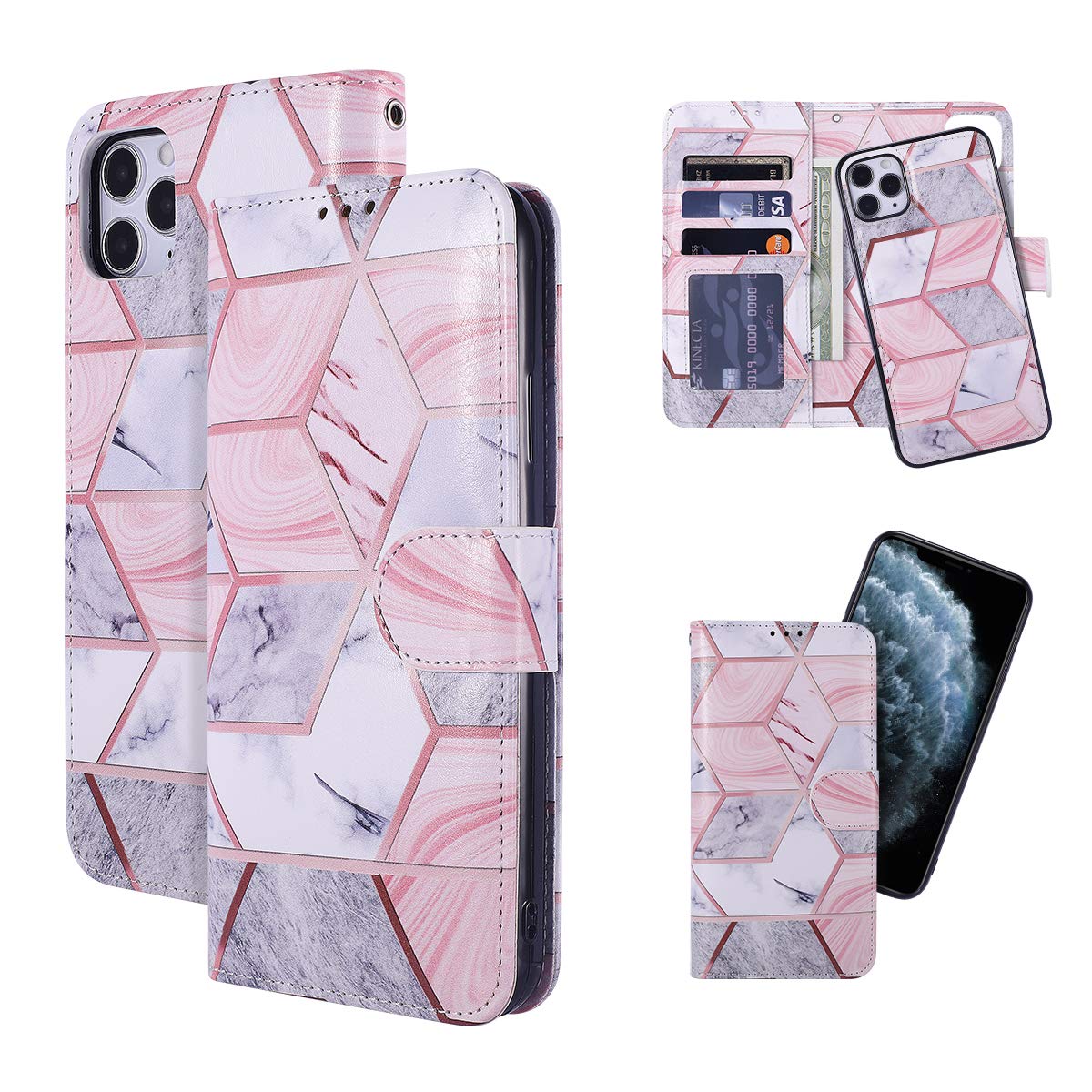 Premium PU Leather Magnetic Wallet Case for iPhone 12 Pro Max (6.7 inch) - Pink Marble | Detachable Card Holder & Silicone Bumper | Perfect for Business, Travel & Everyday Use