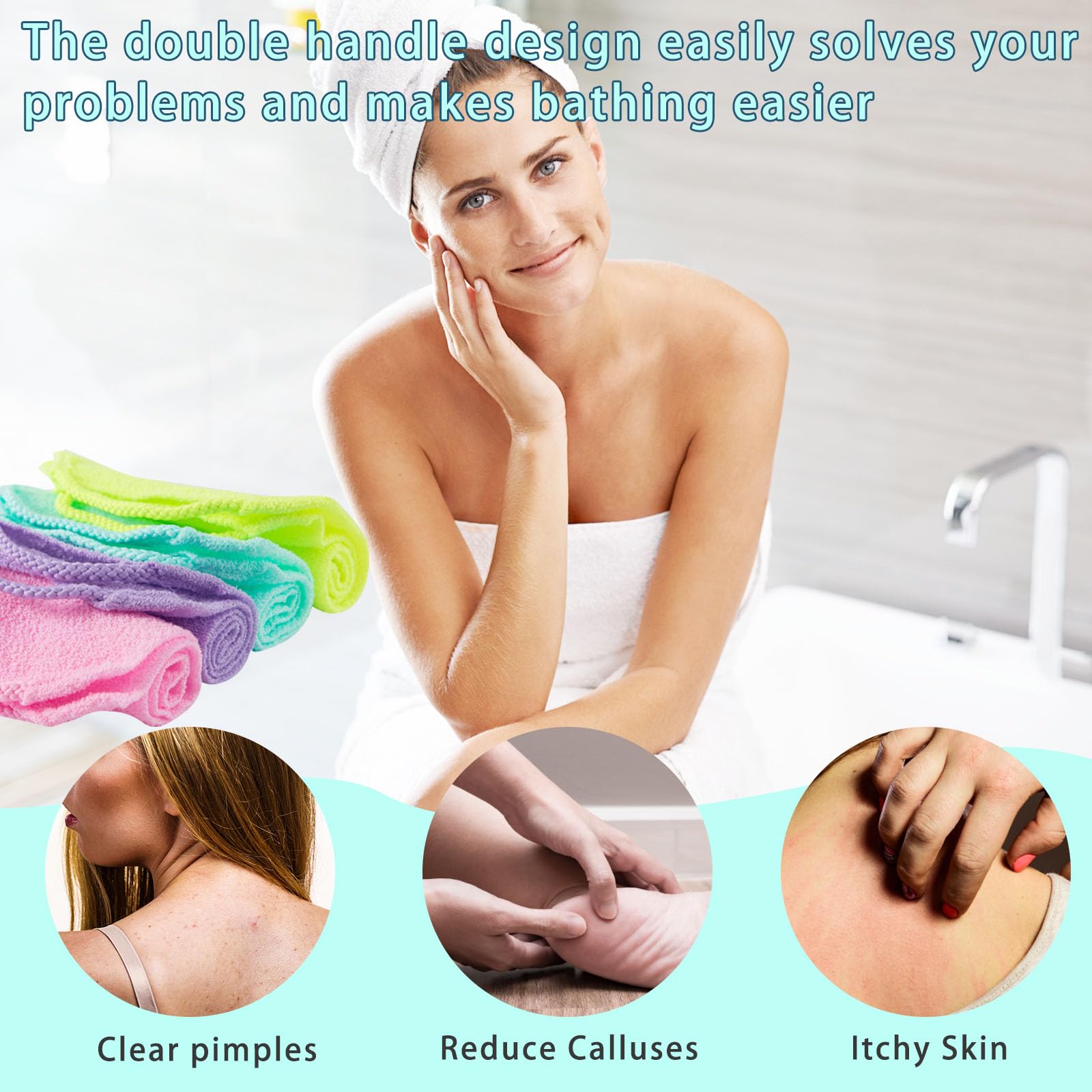 4-Piece Exfoliating Back Scrubber Set with Handles - Extra Long Nylon Body Scrubber, Stretchable Washcloth with Pull Strap for Deep Cleansing & Skin Massage - Perfect Shower Scrub for Women & Men - Ideal for Hard-to-Reach Areas & Spa-Like Experience at Home