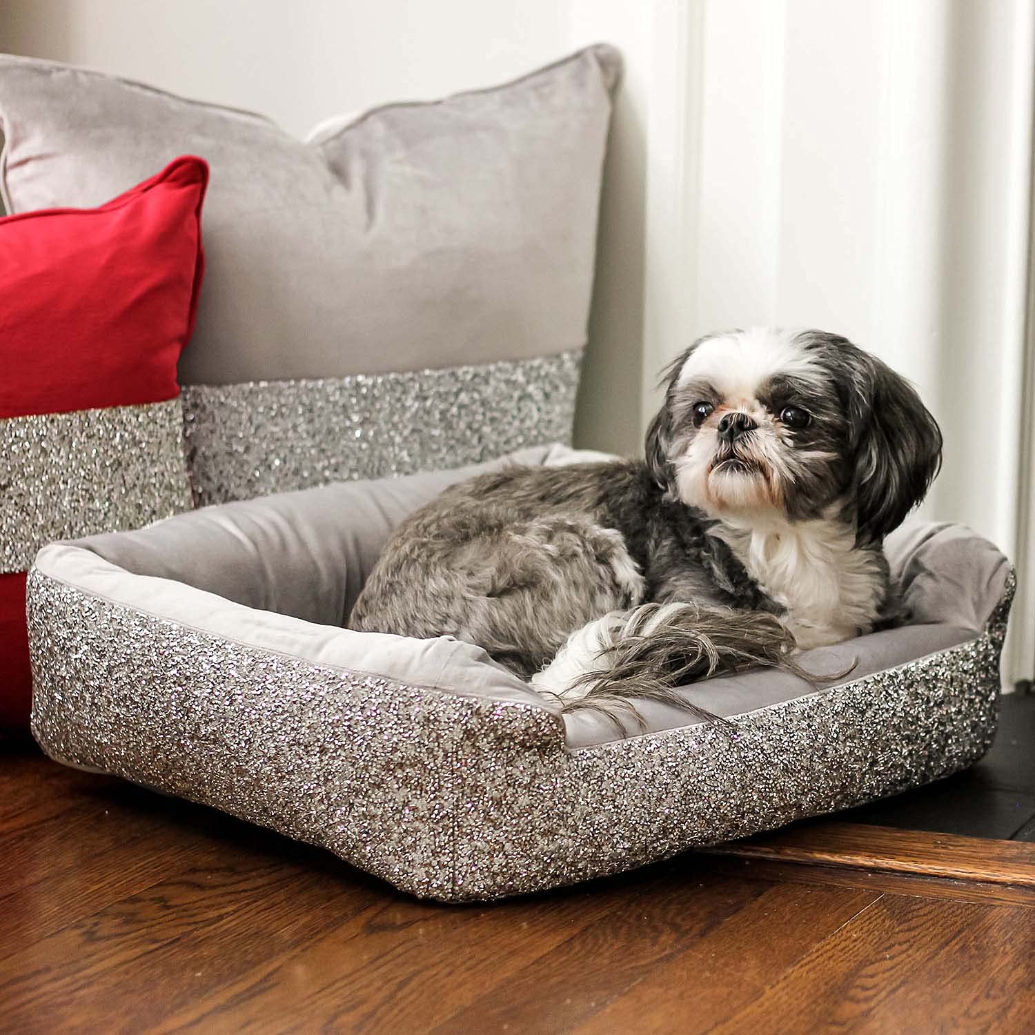 Luxury Sparkling Rhinestone Pet Bed - Soft Velvet Comfort for Dogs & Cats - Large Silver Pet Sofa - Perfect for Lounging & Relaxing at Home