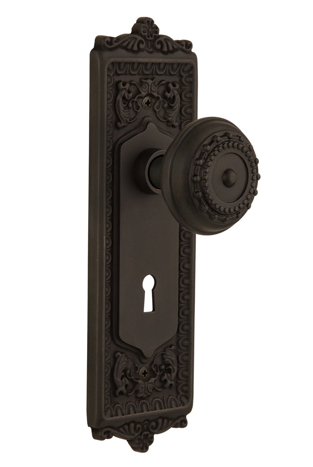 Nostalgic Warehouse Egg & Dart Plate with Keyhole Meadows Knob - Single Dummy Door Handle in Oil-Rubbed Bronze Finish | Perfect for Vintage Home Decor & Cabinet Hardware Upgrade