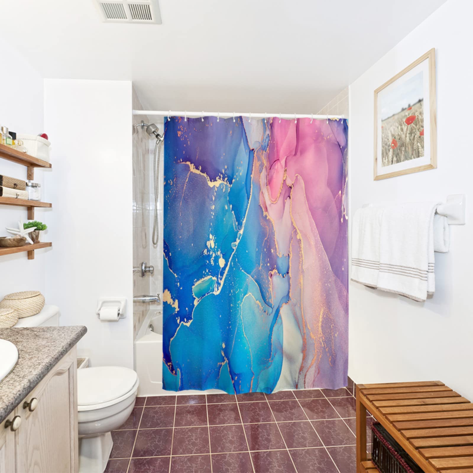 Blue and Pink Marble Shower Curtain with Hooks - Abstract Ombre Art Deco Luxury Bathroom Decor - 71x72 Inches Waterproof Fabric for Modern Aesthetic - Perfect for Spa, Hotel, and Home Bathroom Upgrade