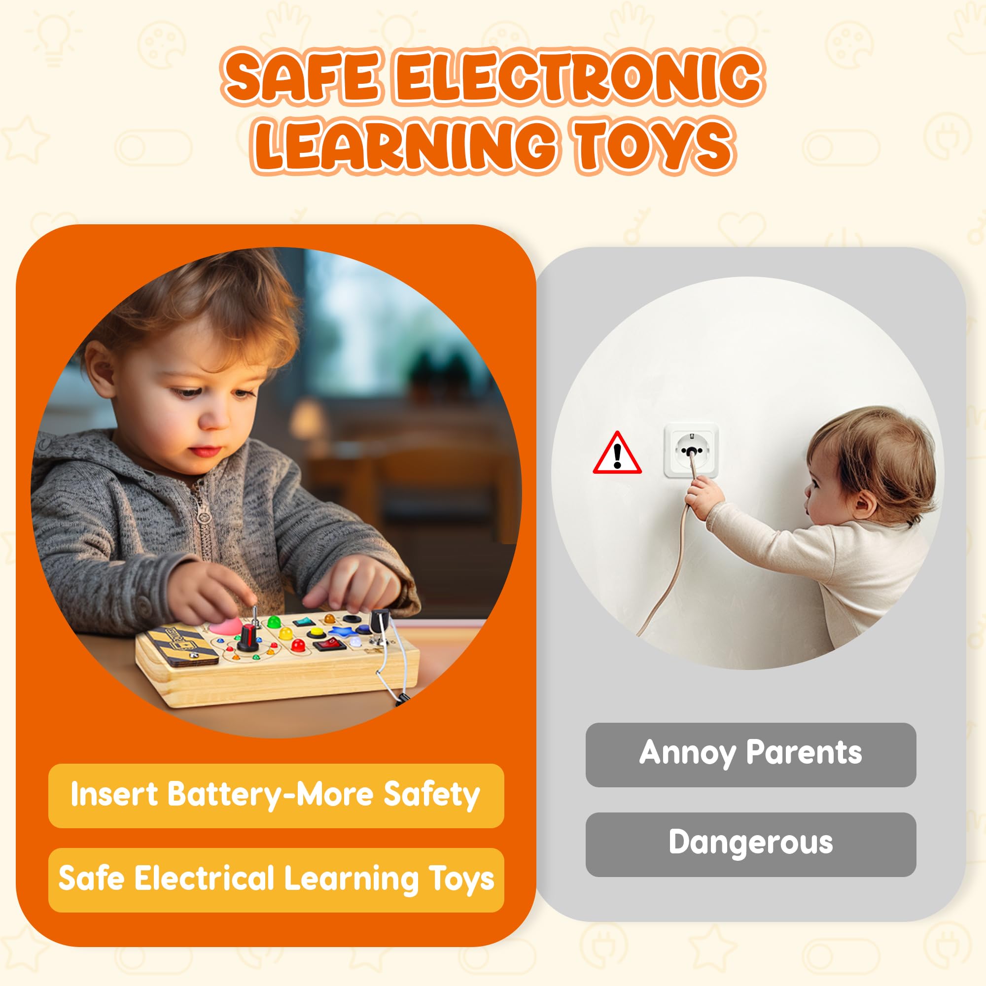 Montessori Wooden Busy Board for Toddlers - 8 Switches & 15 LED Sensory Light Switch Toy, Educational Travel Activity Board for 1+ Year Old Boys & Girls, Perfect for Home, Car, and Classroom Learning