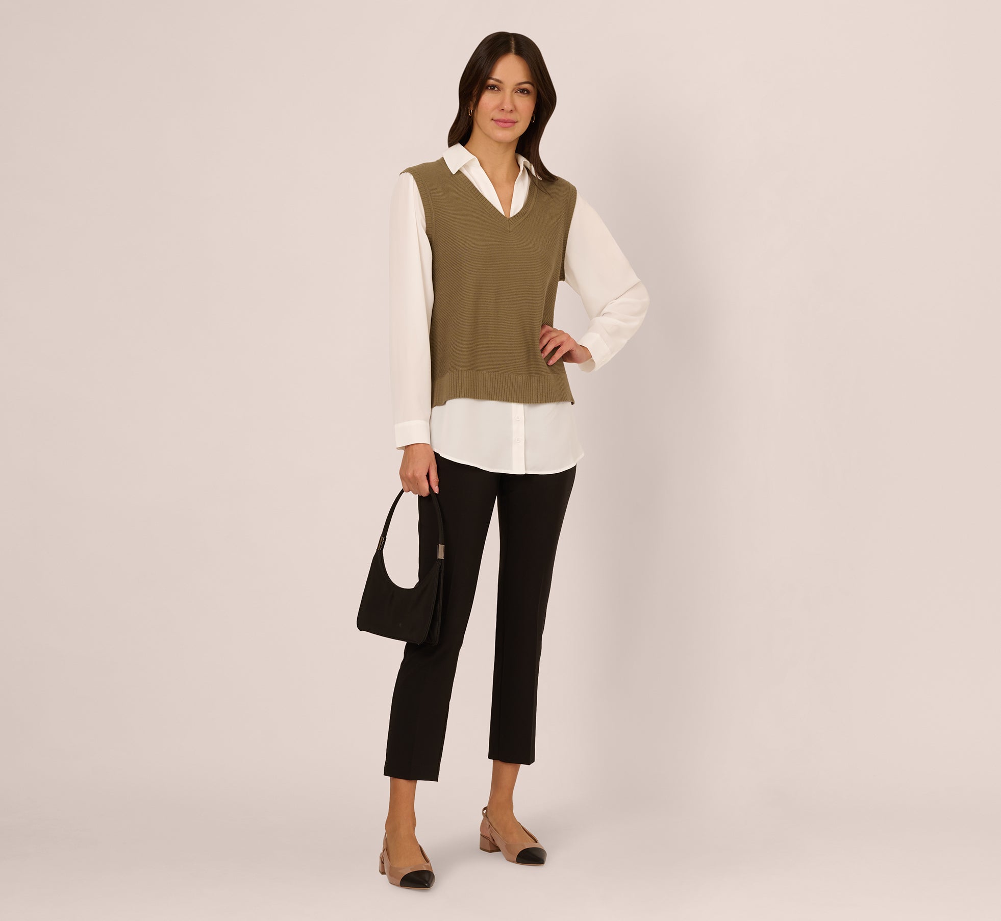 Stylish Smokey Olive & Ivory Collared Sweater Vest Twofer Shirt for Men - Perfect for Layering in Fall & Winter Outfits