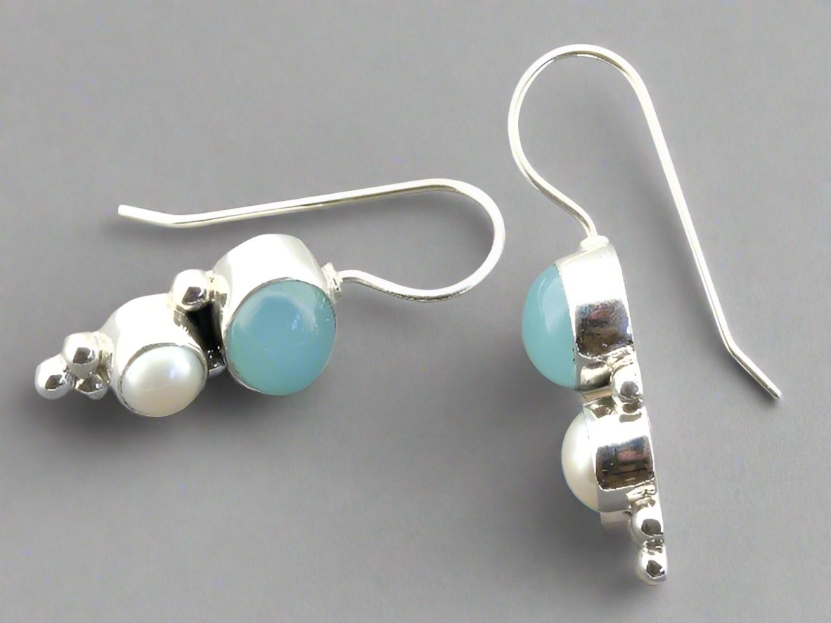 Blue Chalcedony & Pearl Drop Earrings in Sterling Silver - Elegant Dangle Jewelry for Women, Perfect for Weddings, Parties & Special Occasions