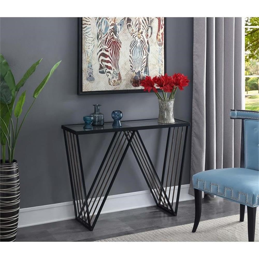 Modern Black Metal Console Table with Clear Glass Shelf - Sleek Entryway Furniture for Hallway, Living Room & Office Decor