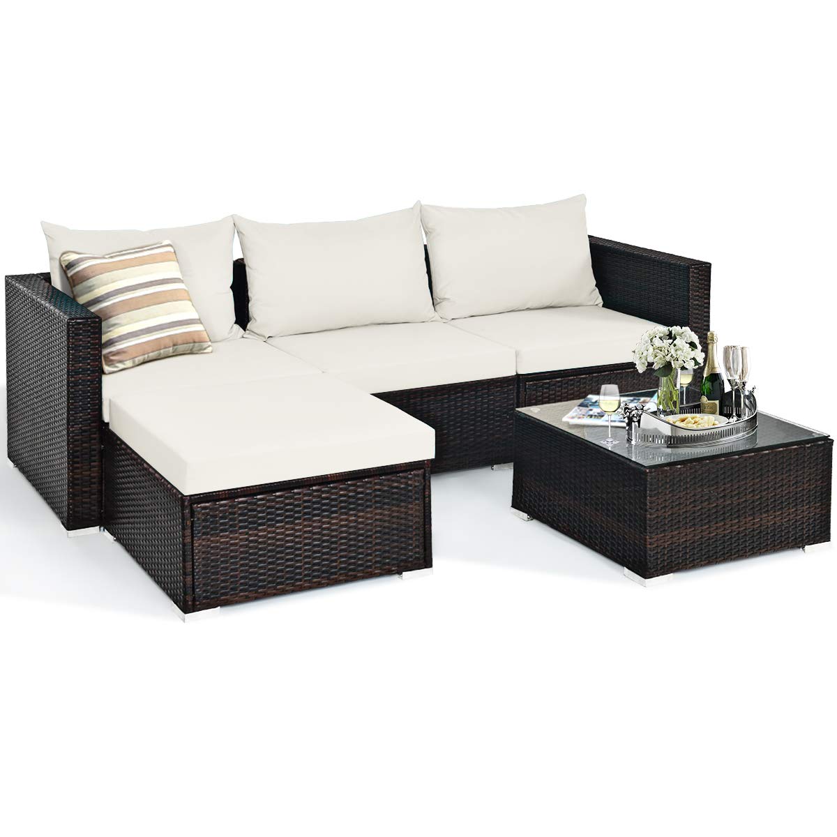 Tangkula 5-Piece Outdoor Patio Furniture Set - Sturdy Wicker Sectional Sofa with Glass Top Coffee Table, 360lb Weight Capacity - Perfect for Porch, Garden, Poolside & Backyard Relaxation (White)
