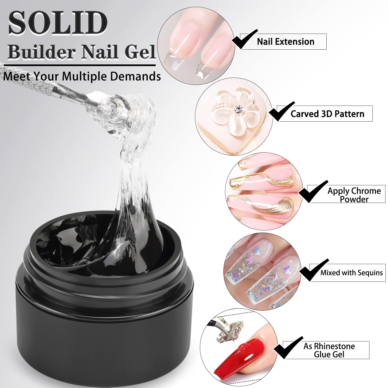 Professional Solid Builder Gel for Nails - Non-Sticky Clear Extension Hard Gel for 3D Sculpting & Nail Art Molding with Sequins (2pcs, 0.7oz) - Perfect for Salon, DIY Manicures & Long-Lasting Nail Extensions