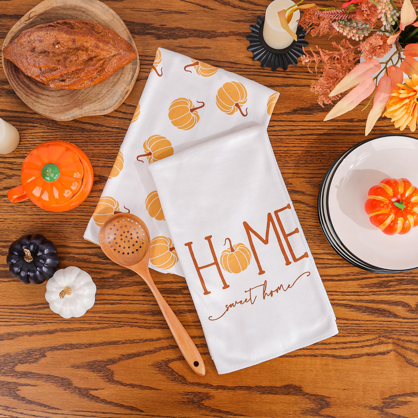 Premium Fall Kitchen Towels Set of 2 - 18x26 Inch Absorbent Pumpkin Print Dish Towels for Thanksgiving & Autumn Home Decor - Perfect for Seasonal Cooking, Hosting & Cozy Farmhouse Kitchen Decorations