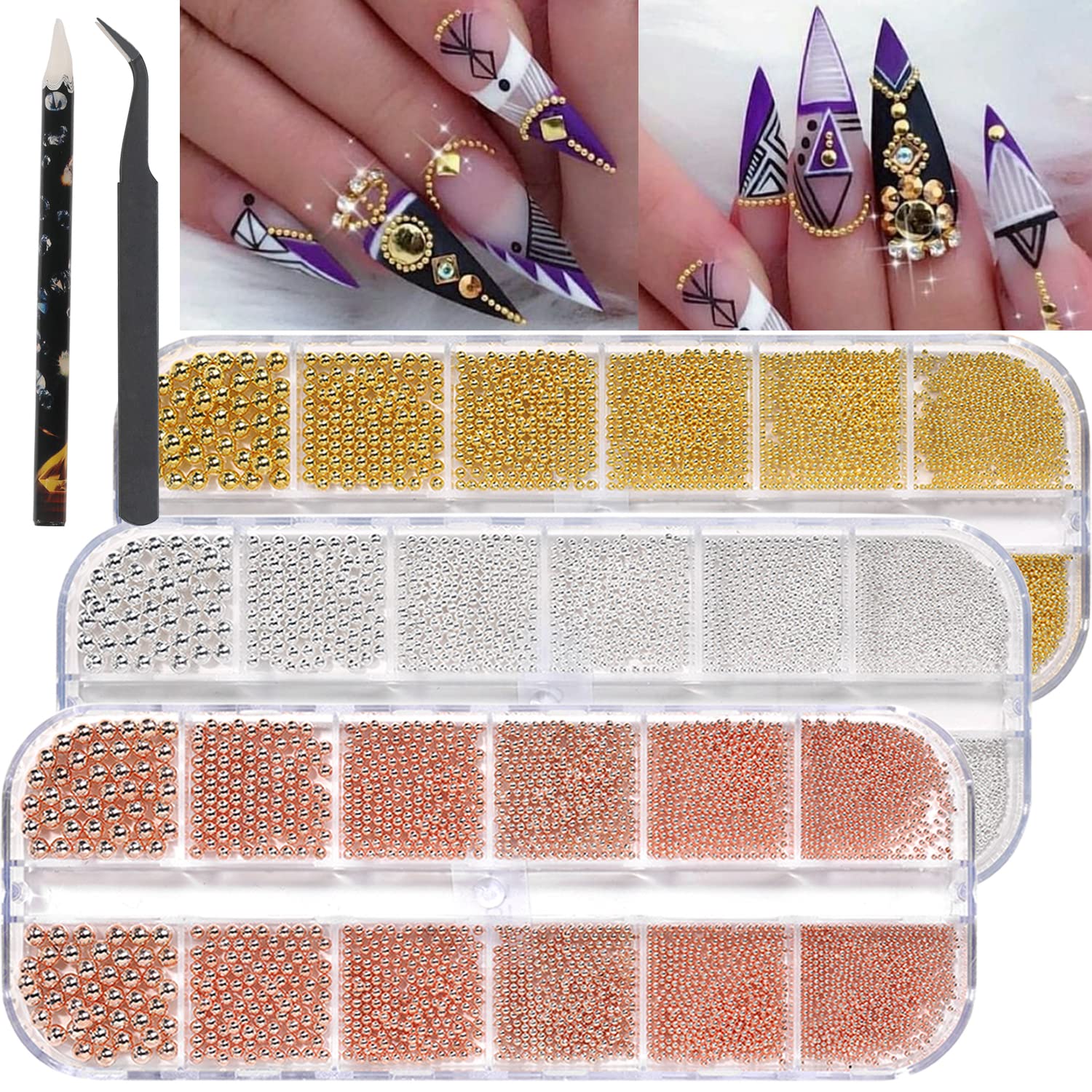 Premium Gold Silver Rose Gold Nail Caviar Beads - 0.8-3MM Multi-Size Metal Ball Beads for Nail Art Designs | DIY Manicure Decoration Accessories | Perfect for Salon, Home Nail Care & Party Glam Looks