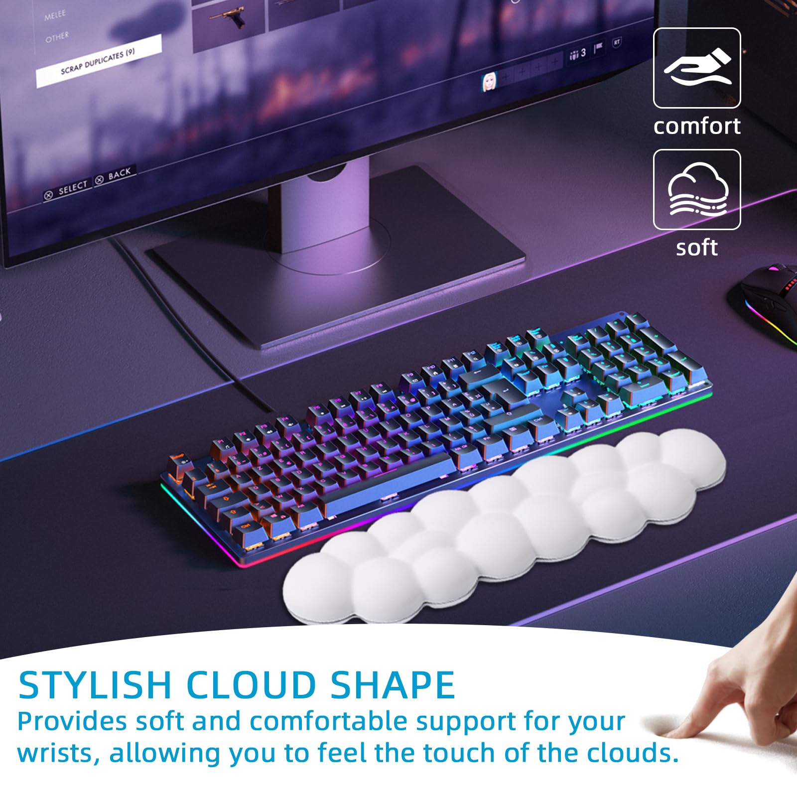 Ergonomic Cloud Wrist Pad for Keyboard - Soft PU Leather Palm Rest with Memory Foam - Comfortable Office & Gaming Desk Accessory (White) - Perfect for Typing, Coding & Long Computer Work Sessions