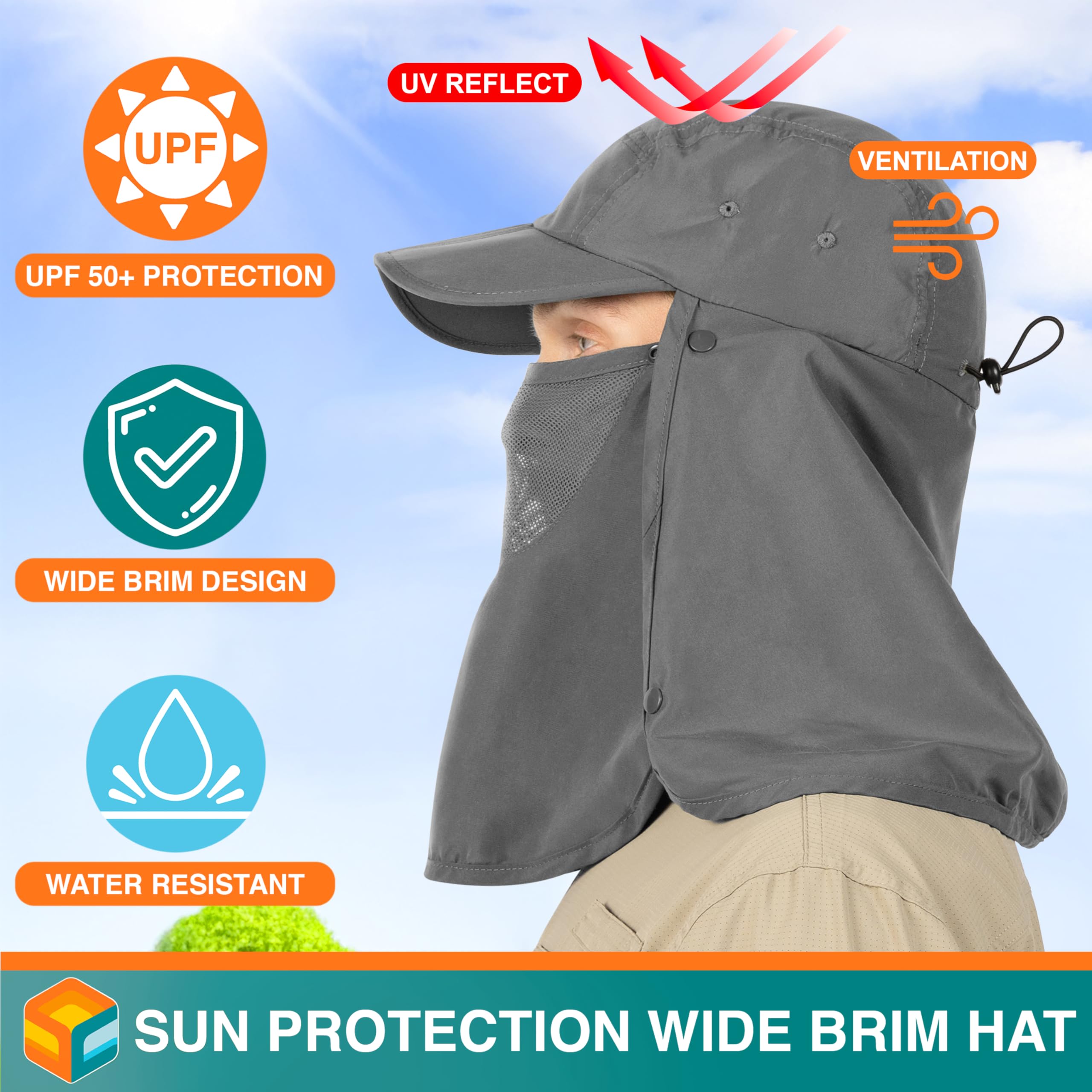 Men's SUN CUBE UV Protection Fishing Hat with Neck Flap & Face Cover - Outdoor Bucket Cap for Hiking, Running, Fishing & Beach Activities - UPF 50+ Sun Hat for Summer Adventures