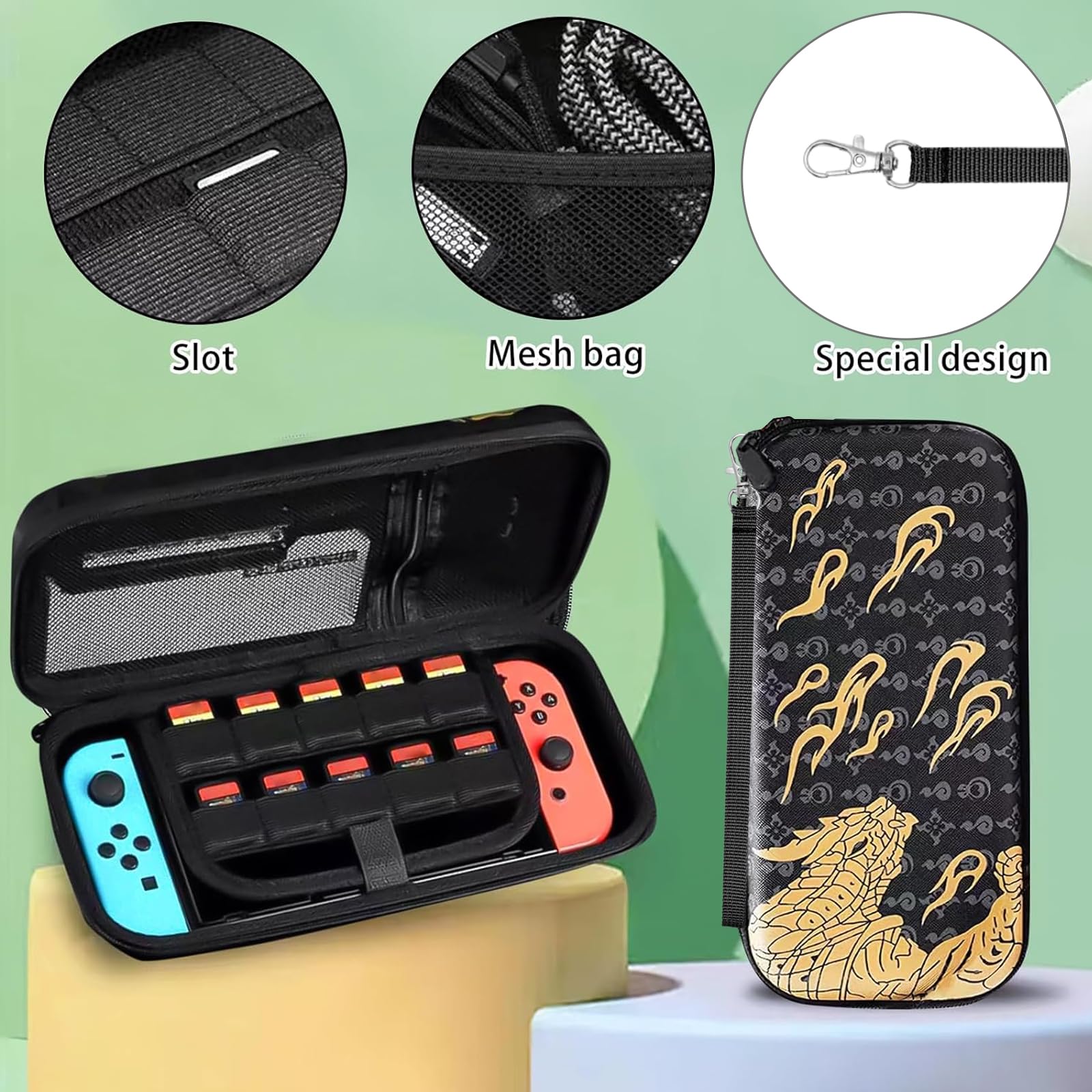 WUERKIYA Cute Hard Carrying Case Compatible with Nintendo Switch & Switch OLED - Protective Storage Bag Holds 10 Games & Accessories - Black - Perfect for Travel, Gaming Parties & On-the-Go Protection