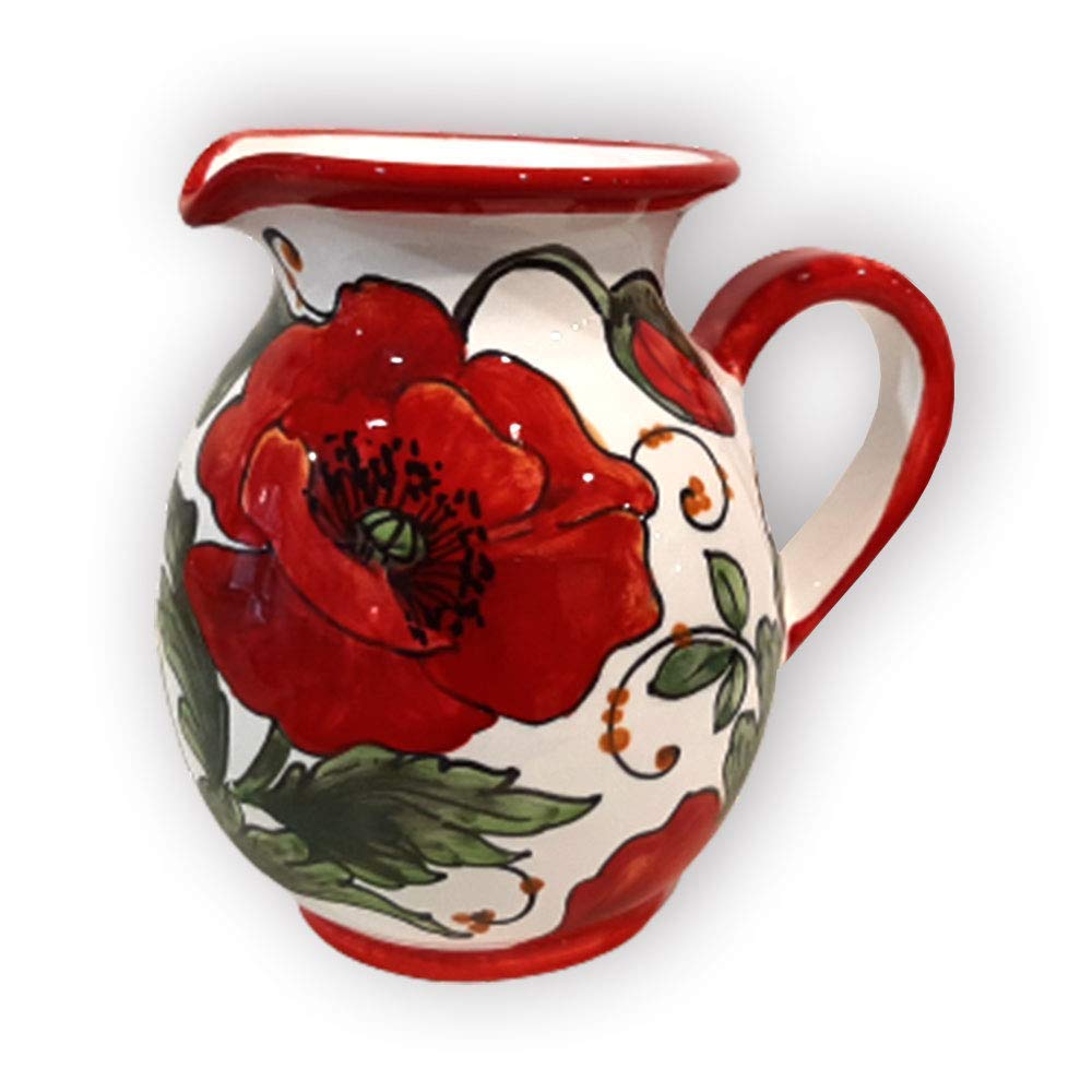 Italian Ceramic Pitcher with Poppies Design - 16oz Hand-Painted Kitchen Carafe, Utensil Holder & Wine Dispenser - Tuscan Pottery Vase for Home Decor - Perfect for Rustic Kitchens, Farmhouse Dining & Gift Giving - Made in Italy