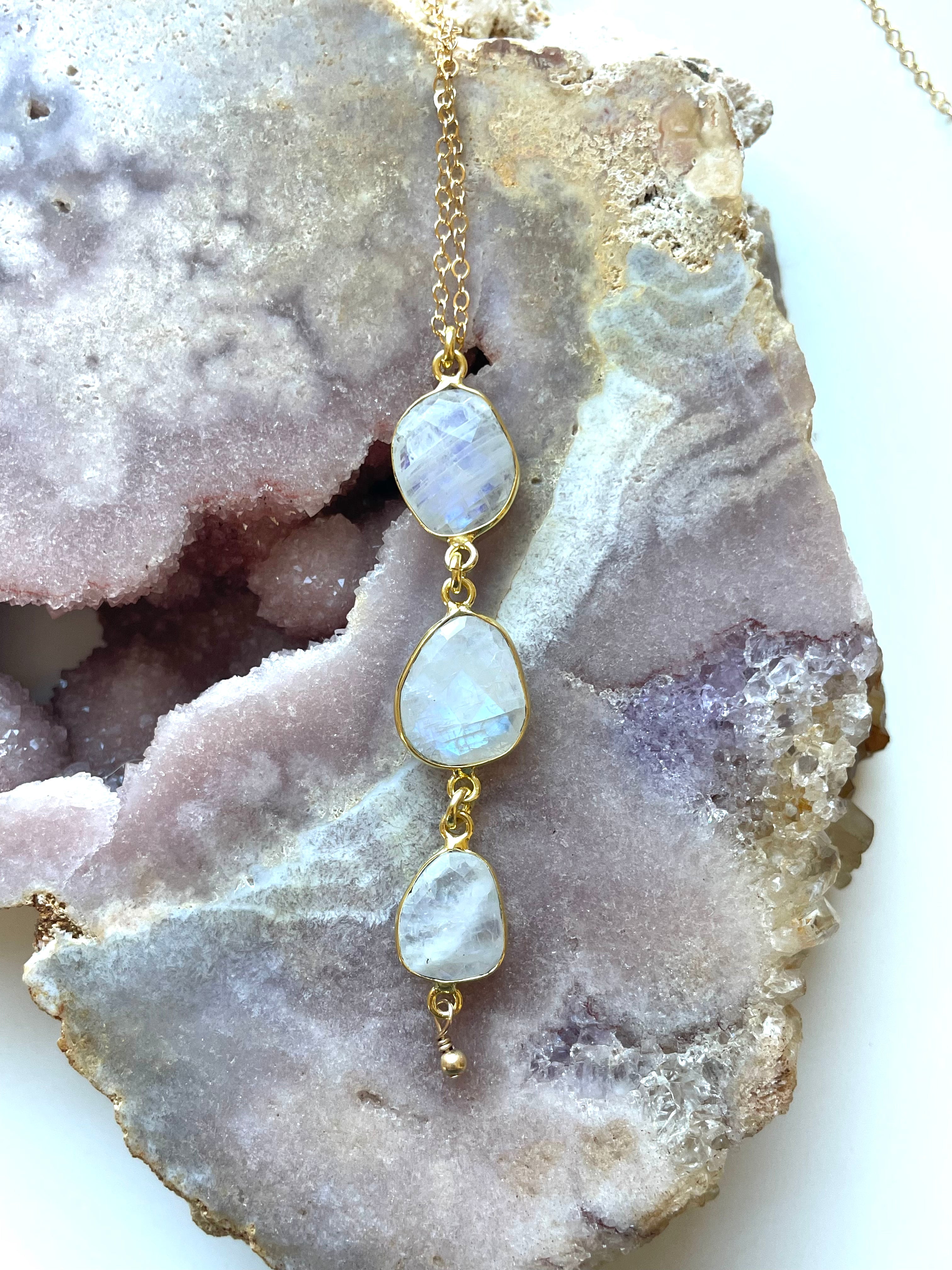 Elegant Rainbow Moonstone Lariat Necklace - 14K Gold or Sterling Silver - Perfect for Boho Chic & Evening Wear