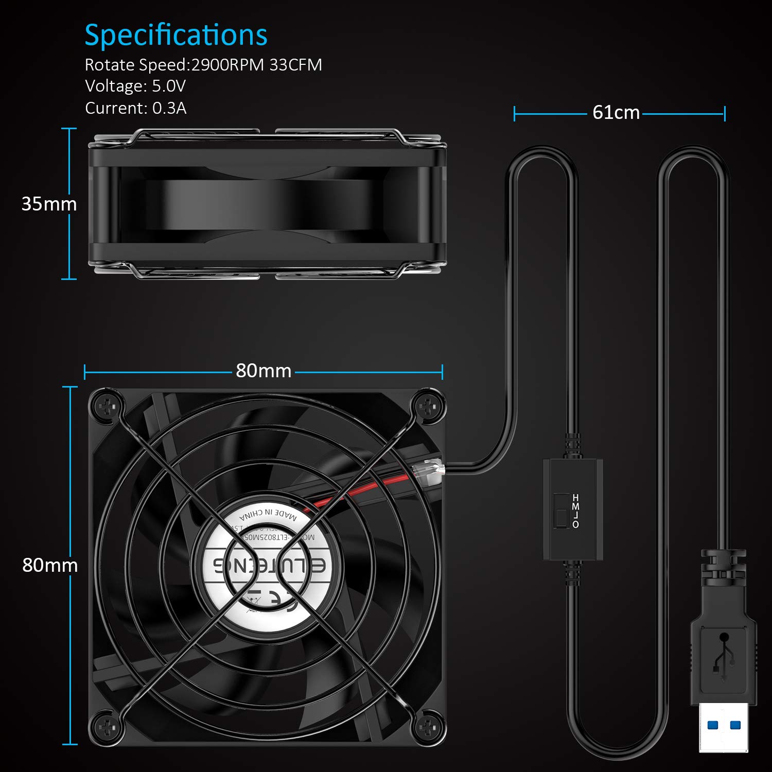 ELUTENG 80mm USB Computer Cooling Fan - 5V Quiet Ventilation Fan with 3 Speed Settings for PC, DVR, Gaming Consoles (Playstation, Xbox) - Compact 80x80x25mm Size - Perfect for Home Office, Server Cabinets & Entertainment Centers