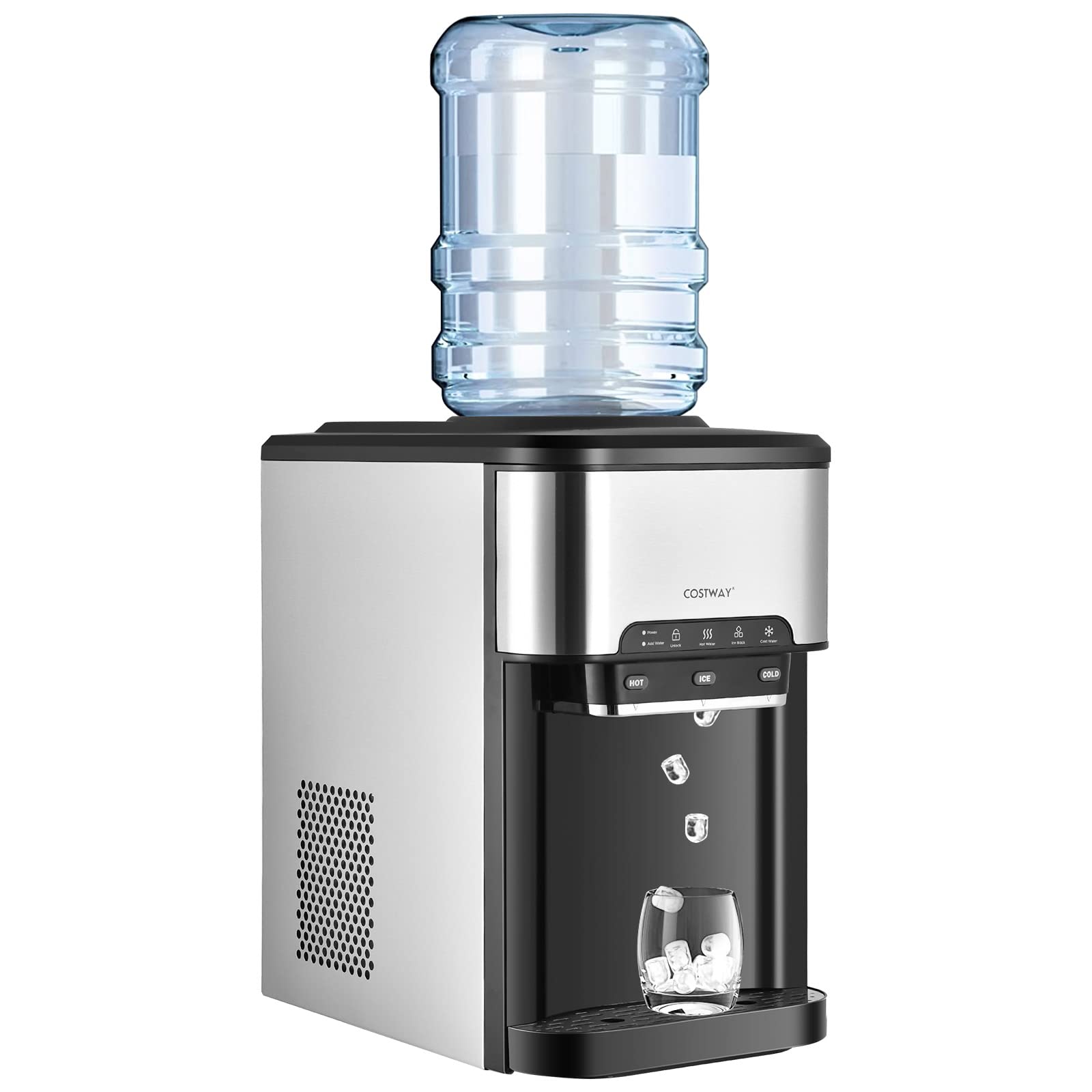 COSTWAY 3-in-1 Countertop Water Dispenser with Ice Maker, Hot & Cold Water Cooler, Safety Lock, 3-5 Gallon Capacity, 48Lbs/24H Ice Production, 12 Ice Cubes, 4Lbs Storage Basket - Perfect for Home, Office, and Kitchen Use