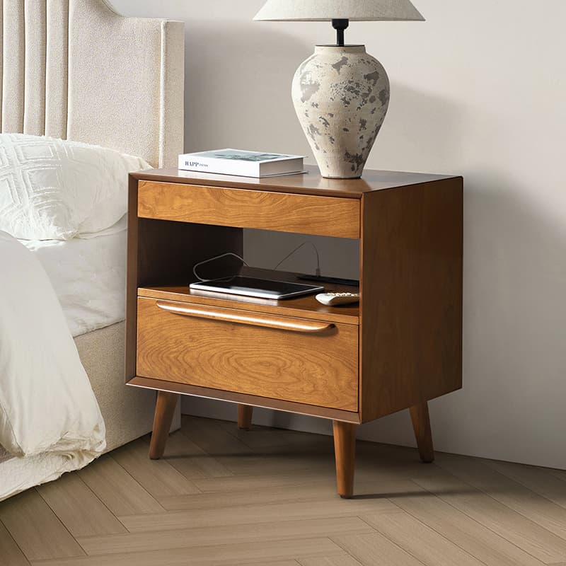 Mid Century Modern Nightstand with 2 Drawers & Built-In Outlets - Giralda Bedside Table for Bedroom, Living Room & Office (Optional Types)
