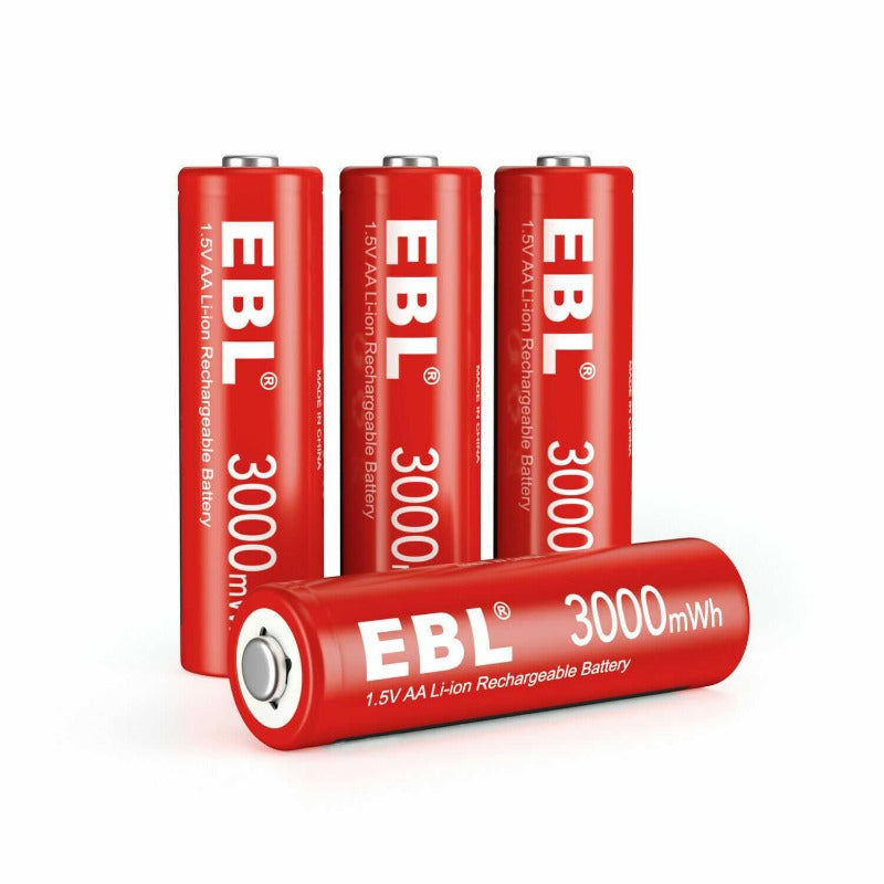 EBL AA Rechargeable Lithium Ion Battery 1.5V 3000mWh - 4 Pack High Capacity Long Lasting Batteries for Cameras, Flashlights, Toys & Electronics - Mid Year Sale