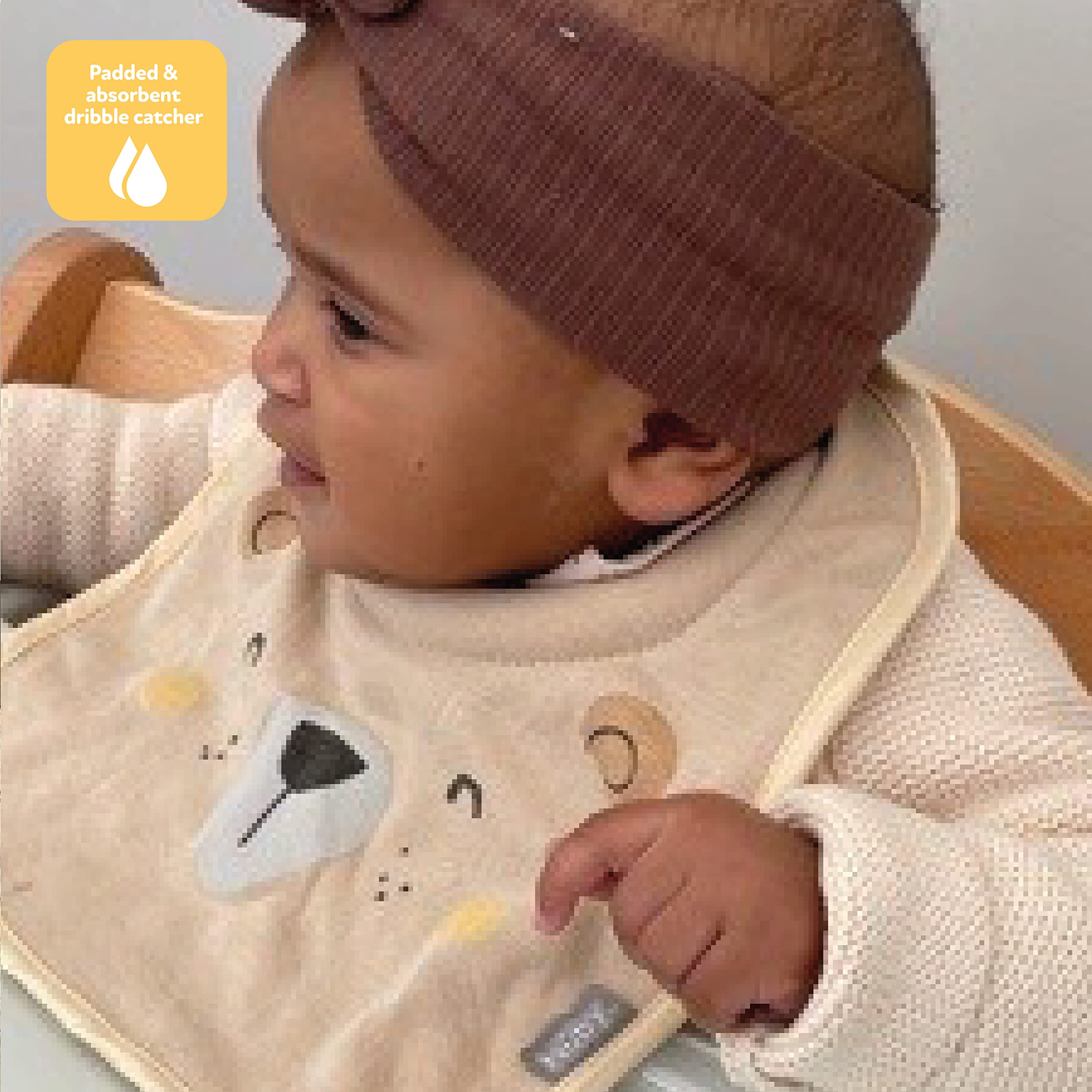 Nuby Snug and Dry Bibs - Organic Cotton Baby Bibs with Padded Neckline, Machine Washable, One Size (Pack of 4) - Perfect for Feeding, Drooling & Messy Mealtime Protection