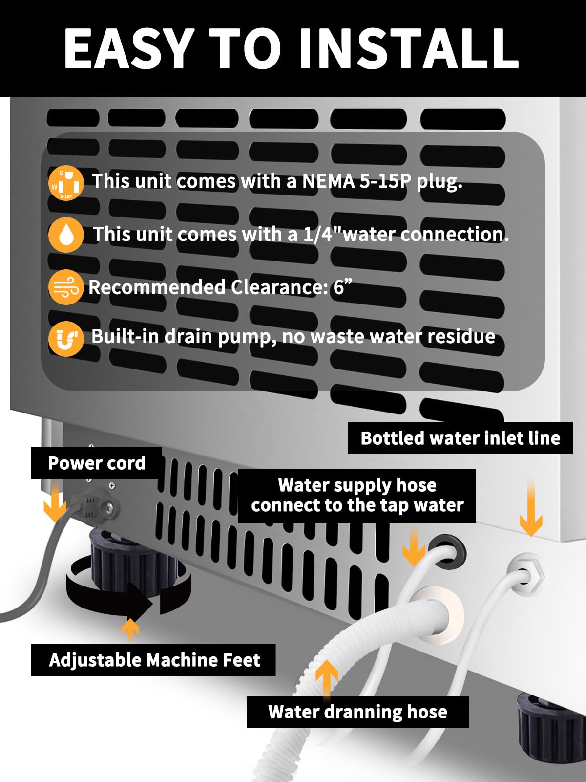 Commercial Ice Maker Machine 150LBS/Day, 2 Water Inlet with 70LBS Storage Bin & Drain Pump - Stainless Steel Undercounter Ice Machine for Restaurants, Bars, Cafes, Home & Office Use - Perfect for Cocktails, Beverages & Food Display